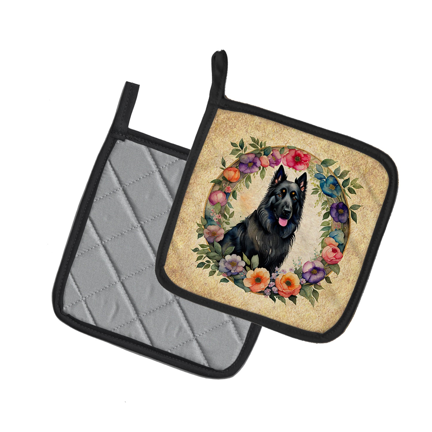 Belgian Sheepdog and Flowers Pair of Pot Holders