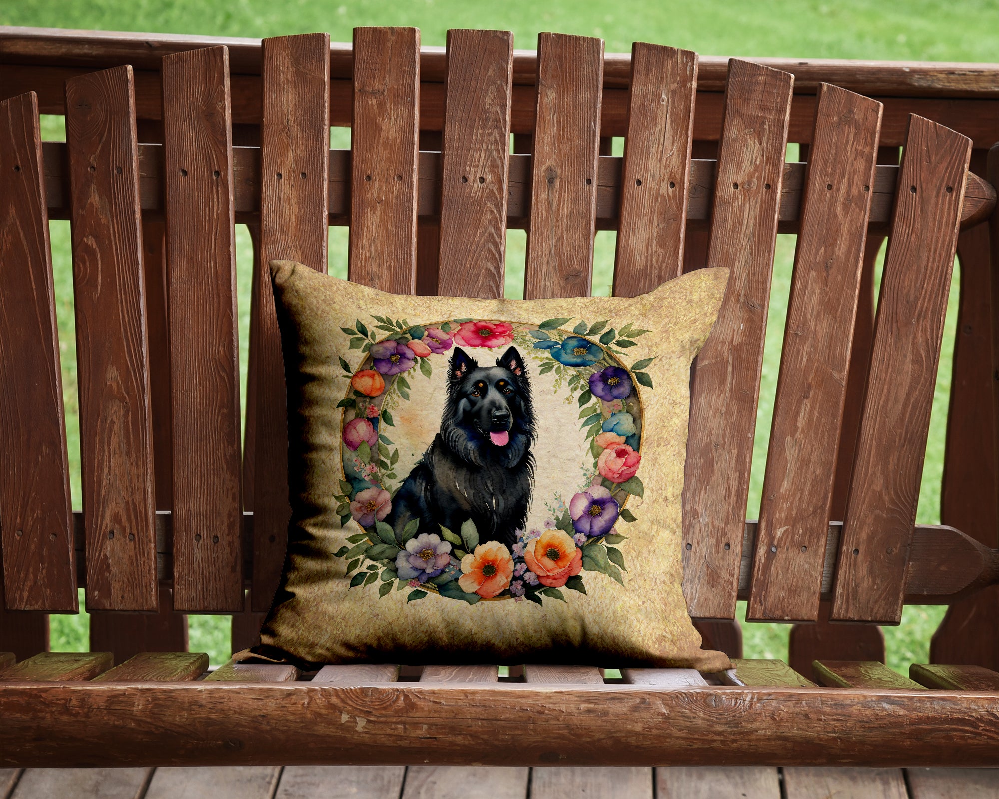 Belgian Sheepdog and Flowers Fabric Decorative Pillow