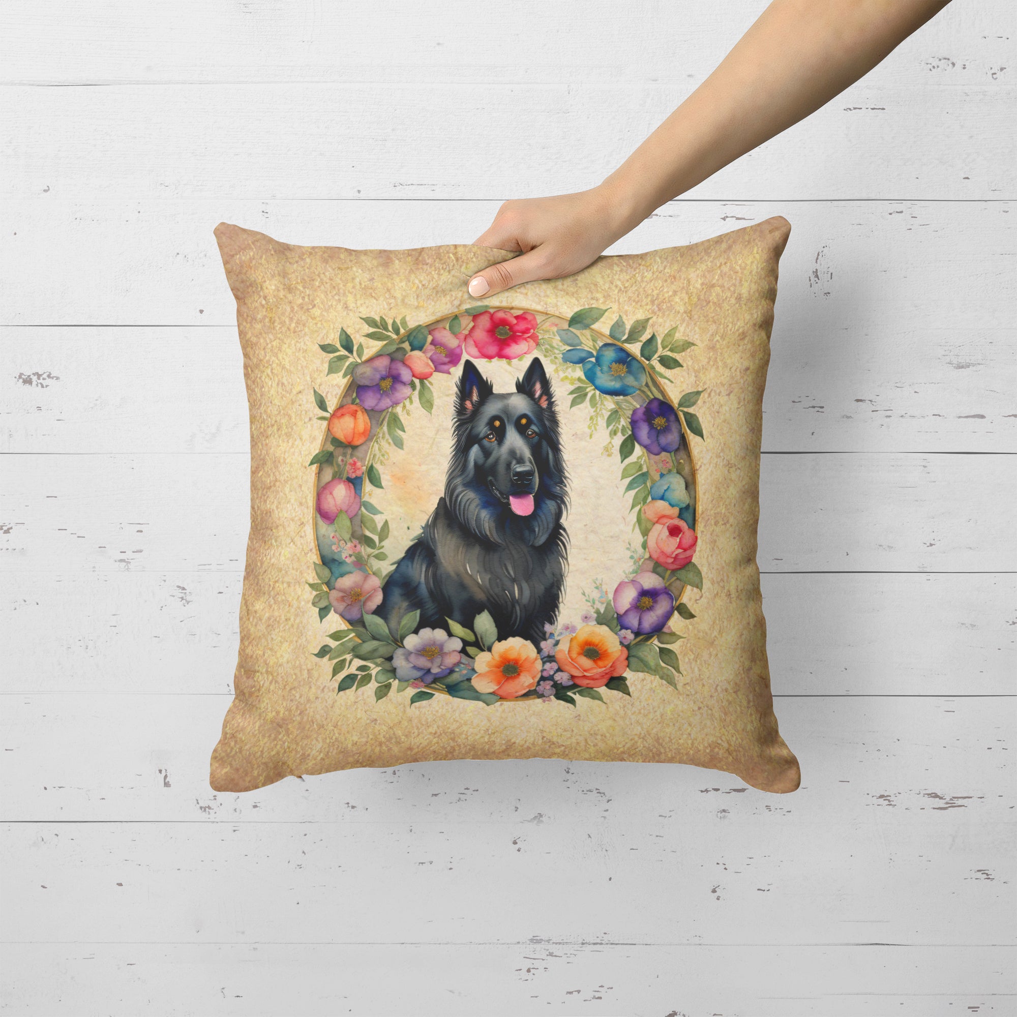Buy this Belgian Sheepdog and Flowers Fabric Decorative Pillow