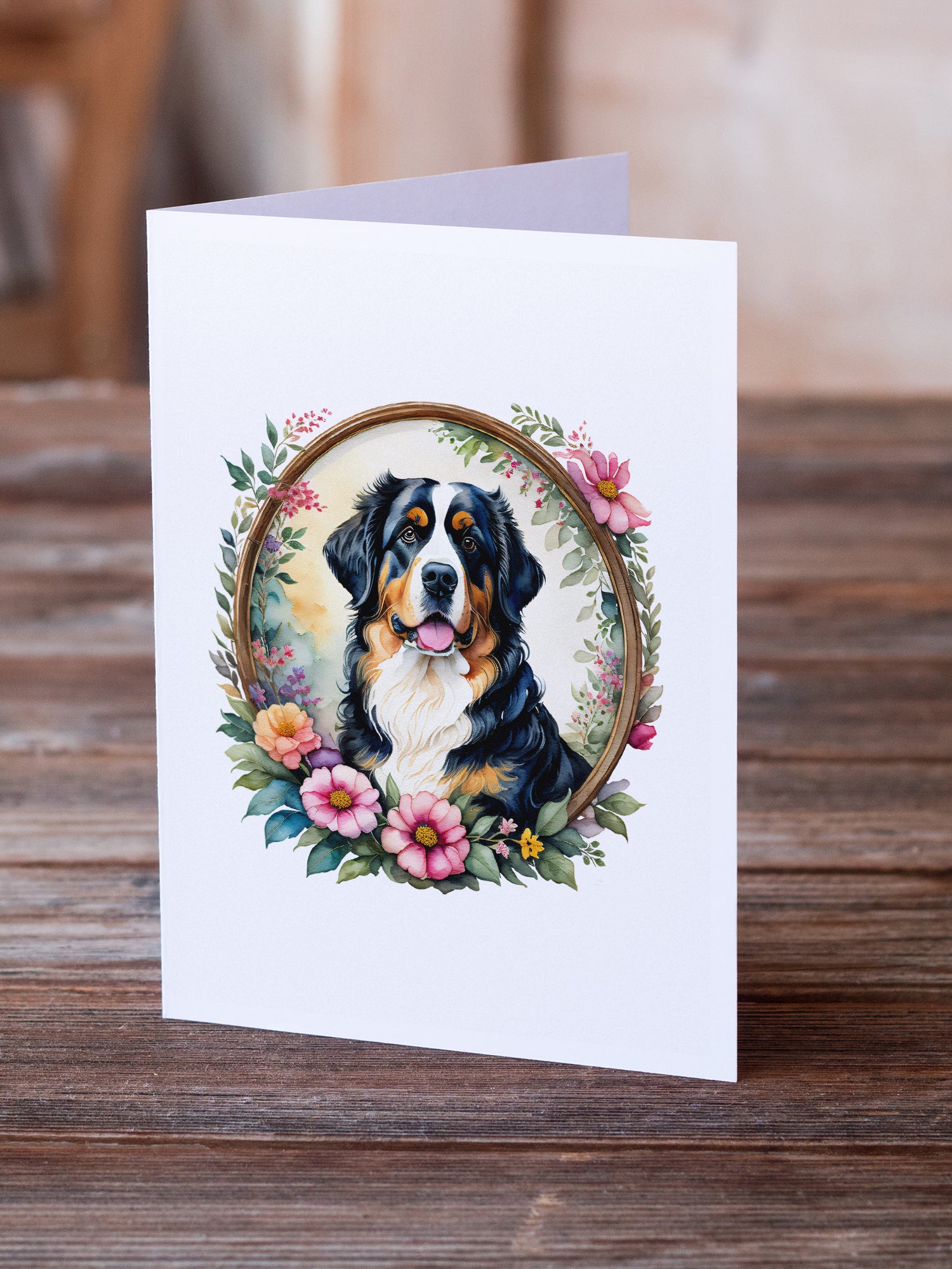 Bernese Mountain Dog and Flowers Greeting Cards and Envelopes Pack of 8