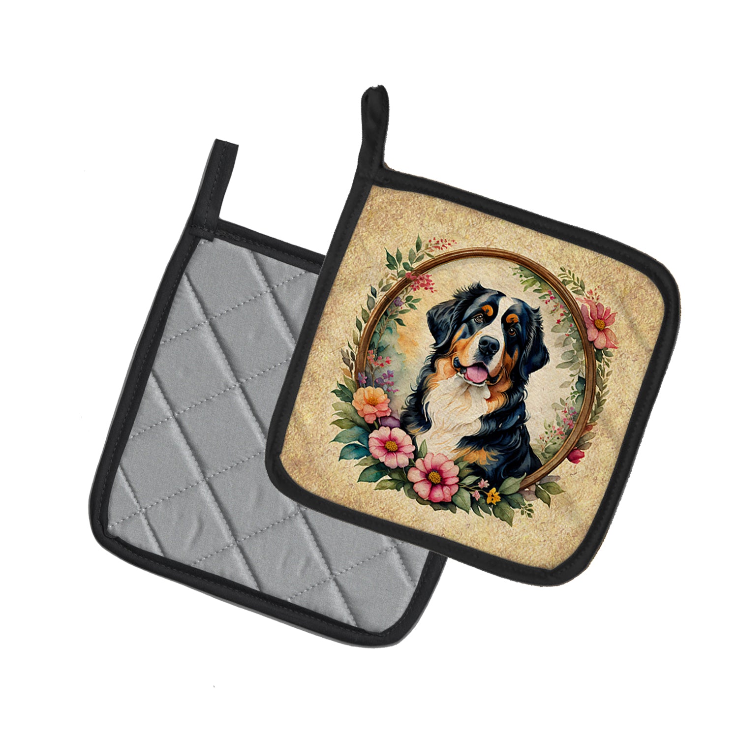 Bernese Mountain Dog and Flowers Pair of Pot Holders