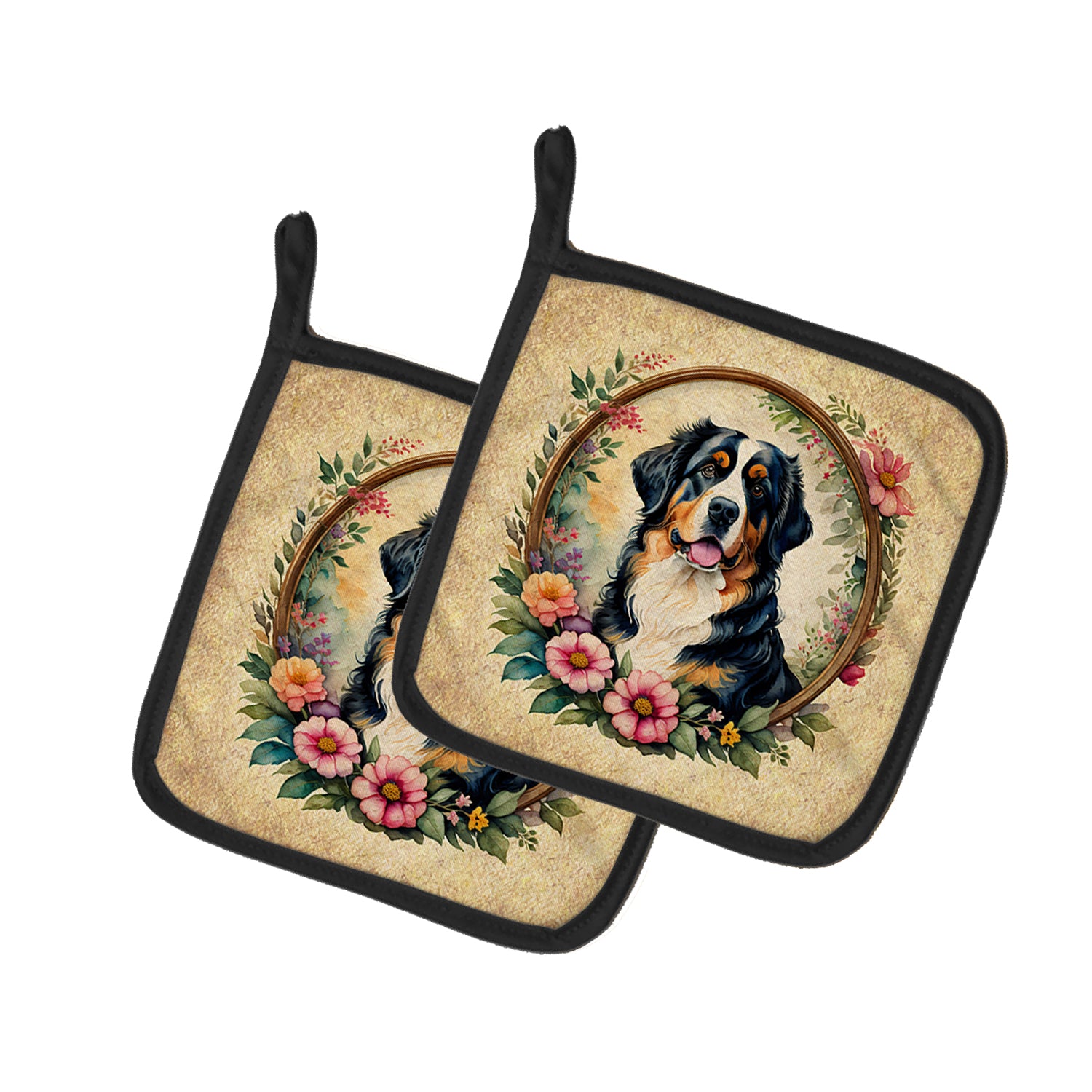 Buy this Bernese Mountain Dog and Flowers Pair of Pot Holders