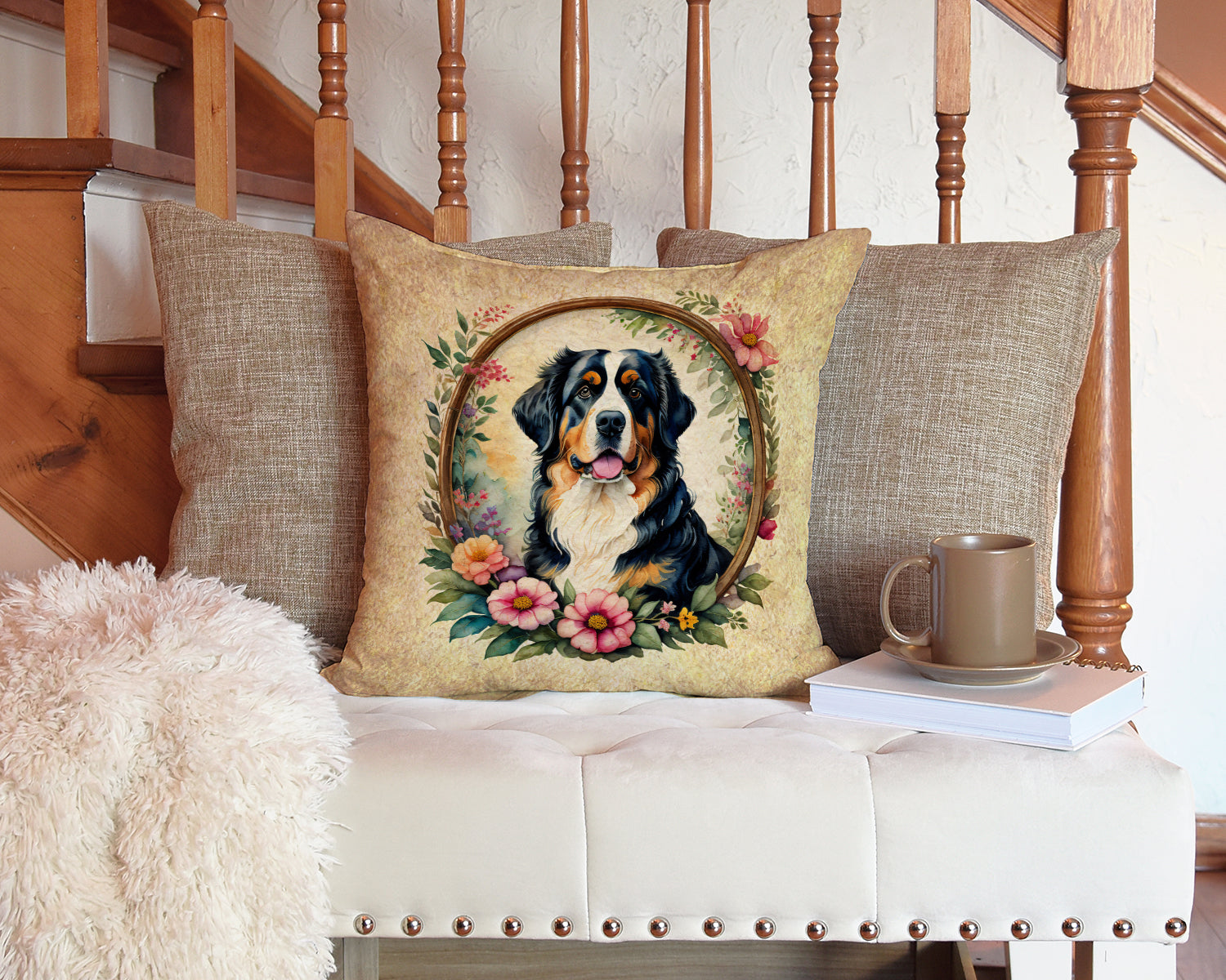 Bernese Mountain Dog and Flowers Fabric Decorative Pillow