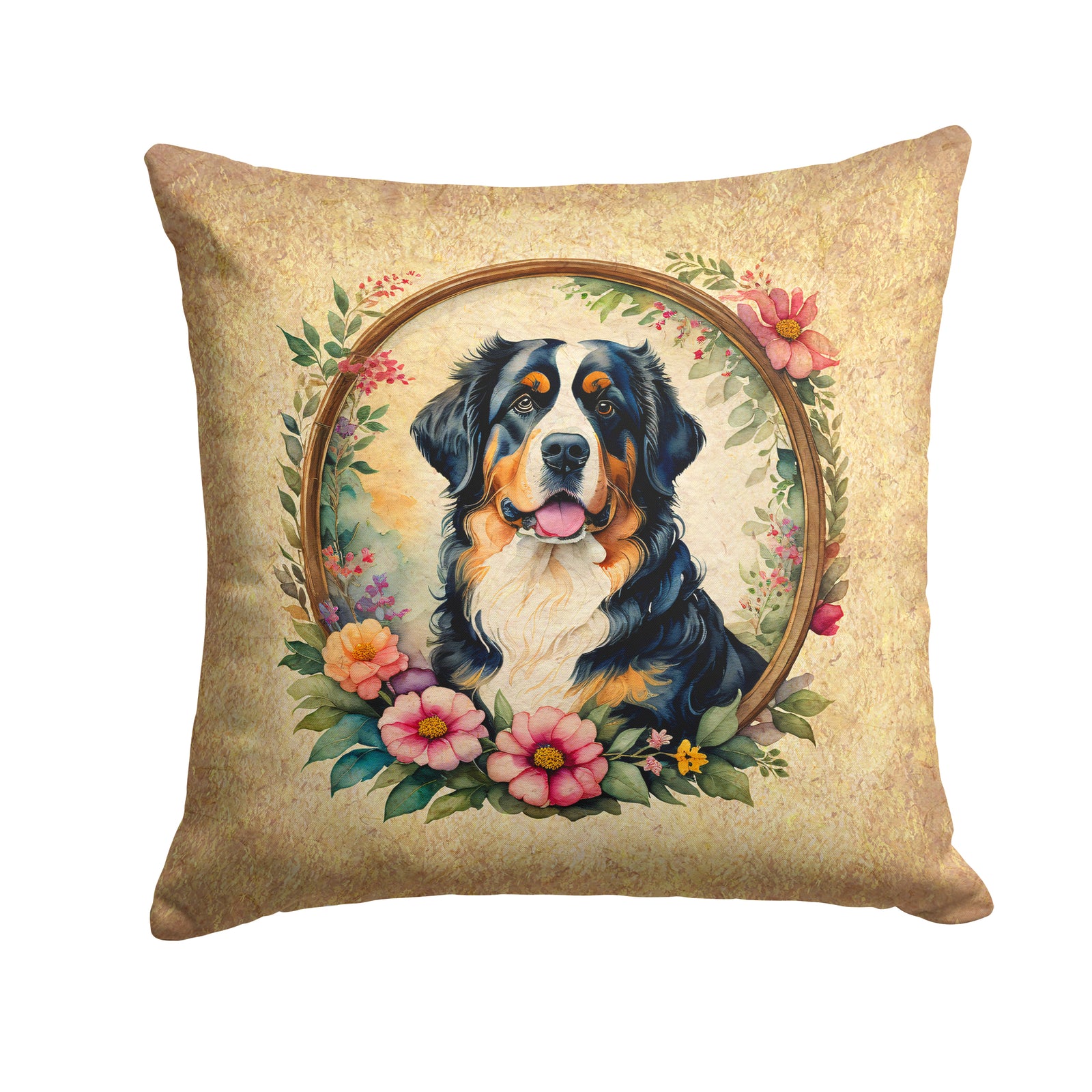 Buy this Bernese Mountain Dog and Flowers Fabric Decorative Pillow
