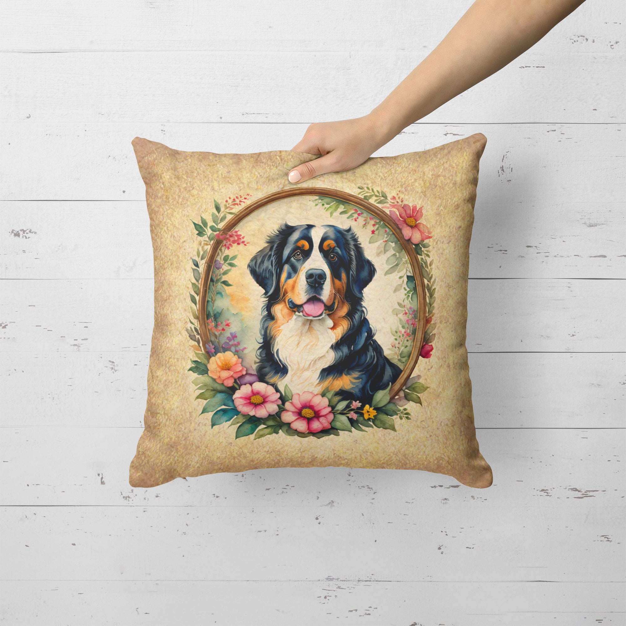 Bernese Mountain Dog and Flowers Fabric Decorative Pillow
