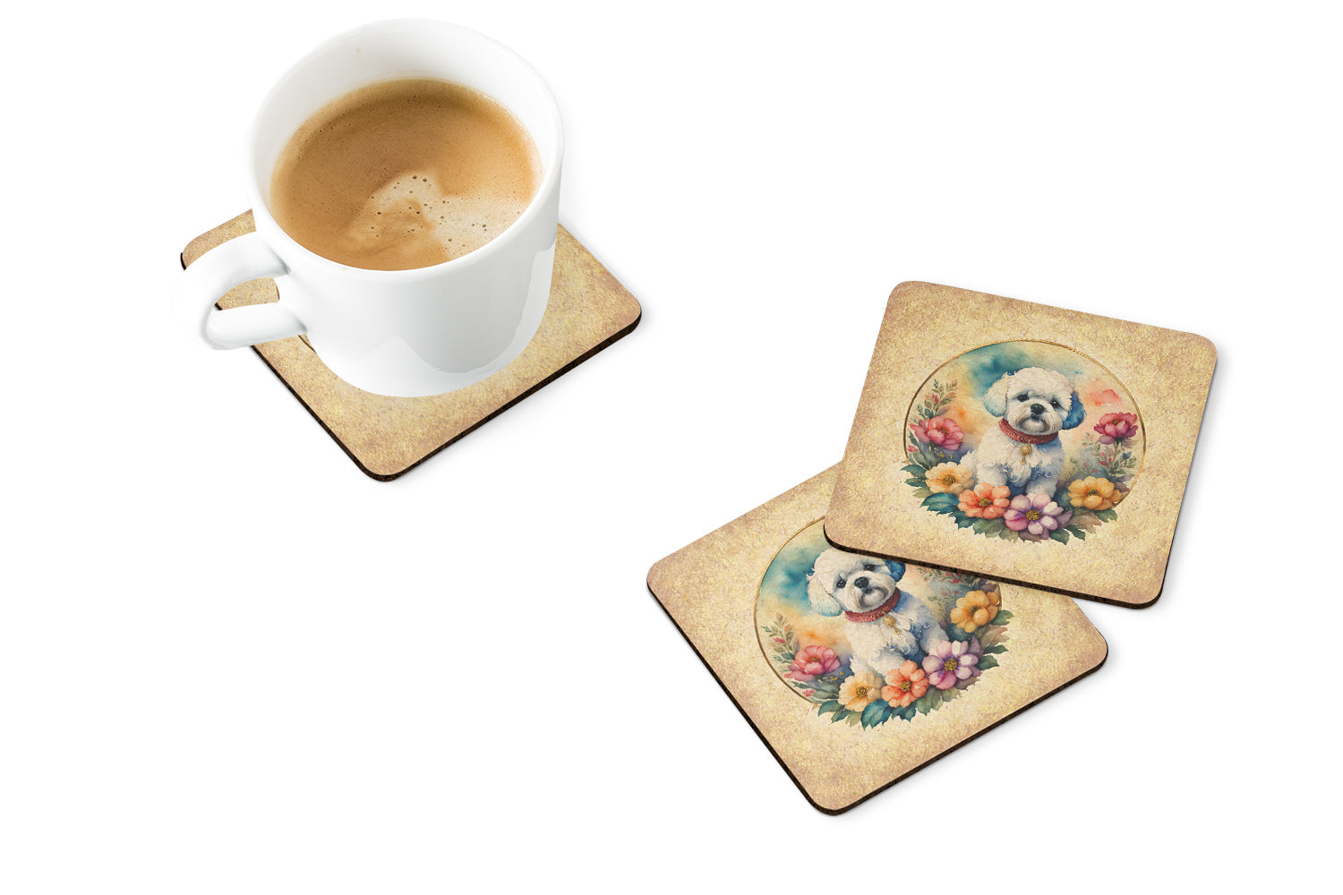 Bichon Frise and Flowers Foam Coasters