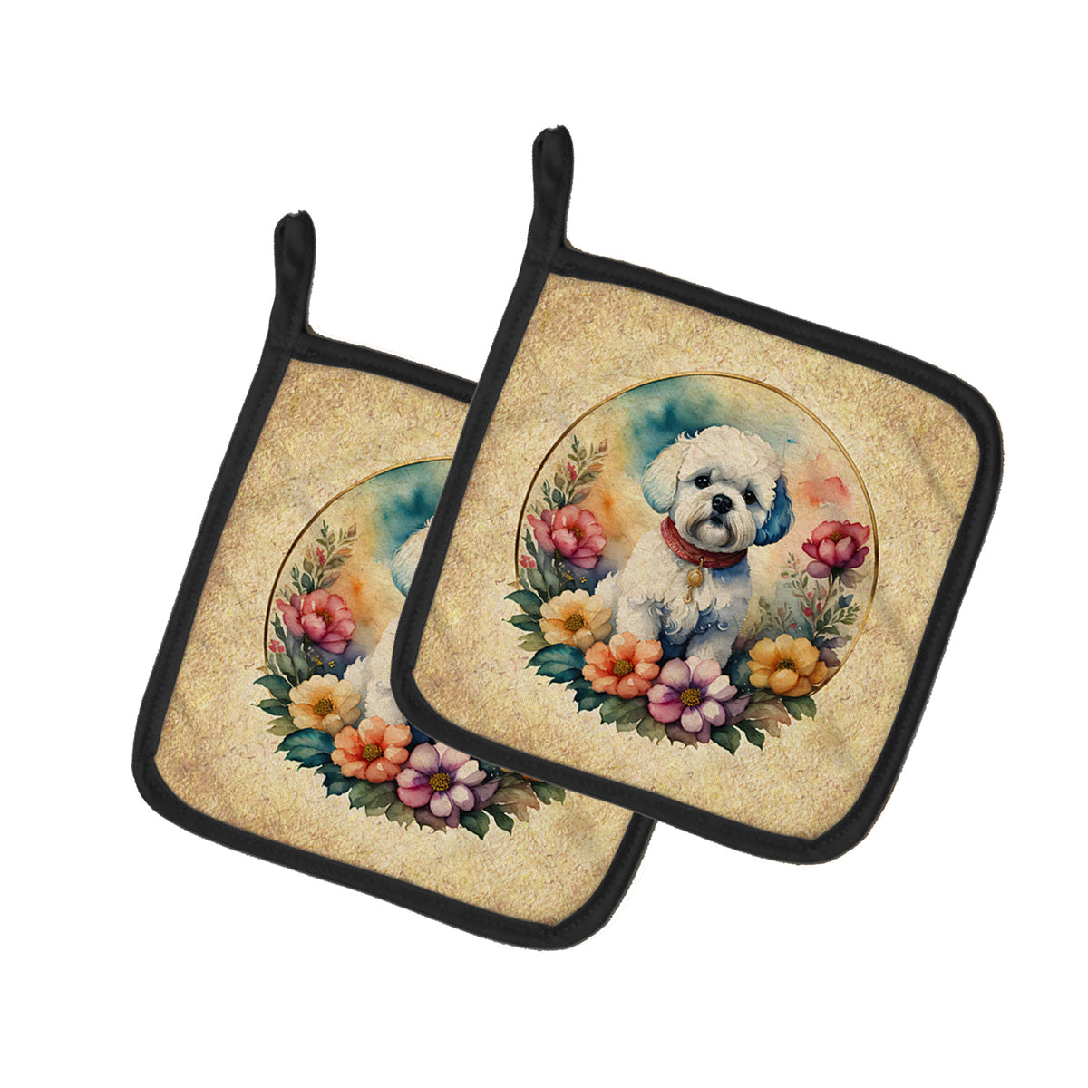 Buy this Bichon Frise and Flowers Pair of Pot Holders