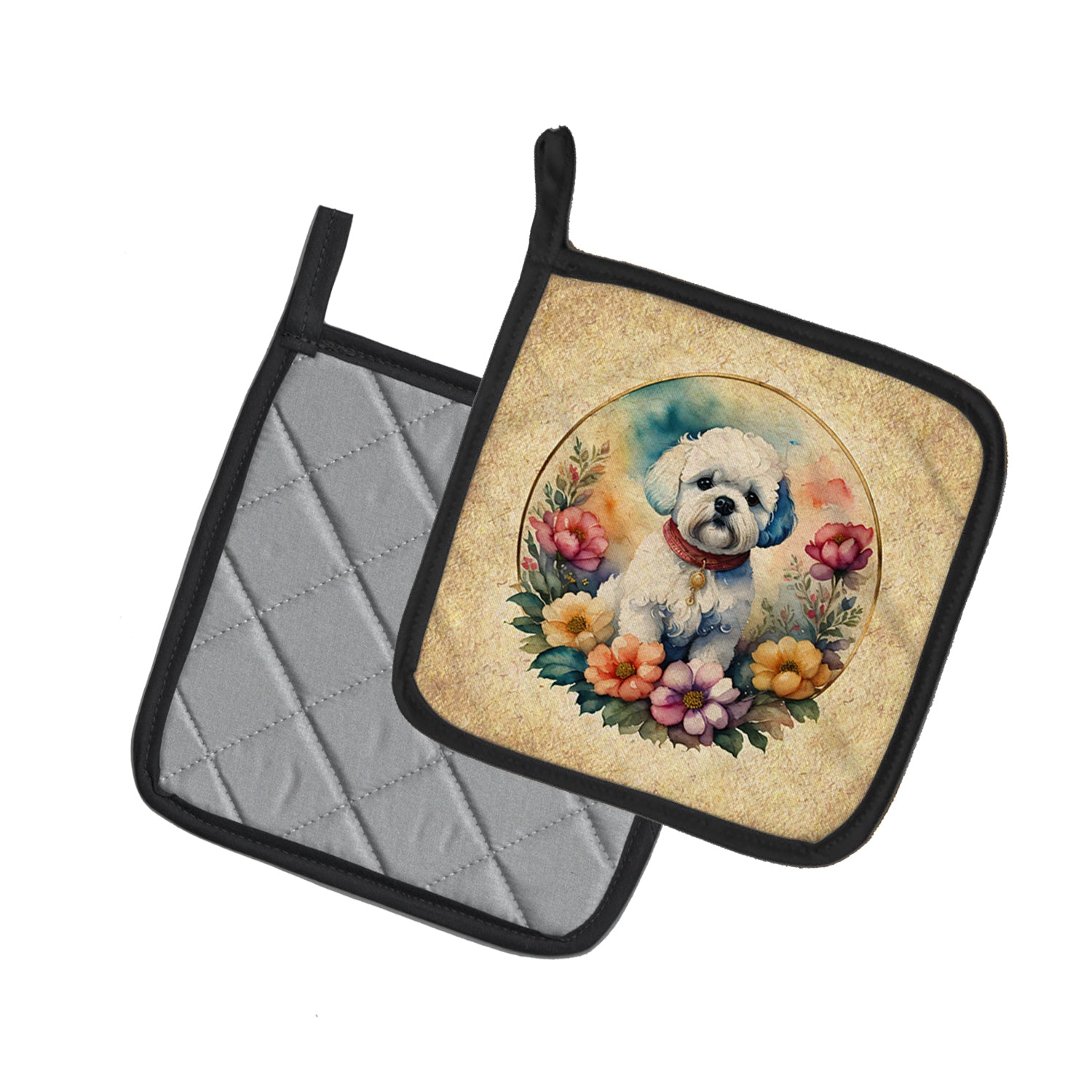Bichon Frise and Flowers Pair of Pot Holders