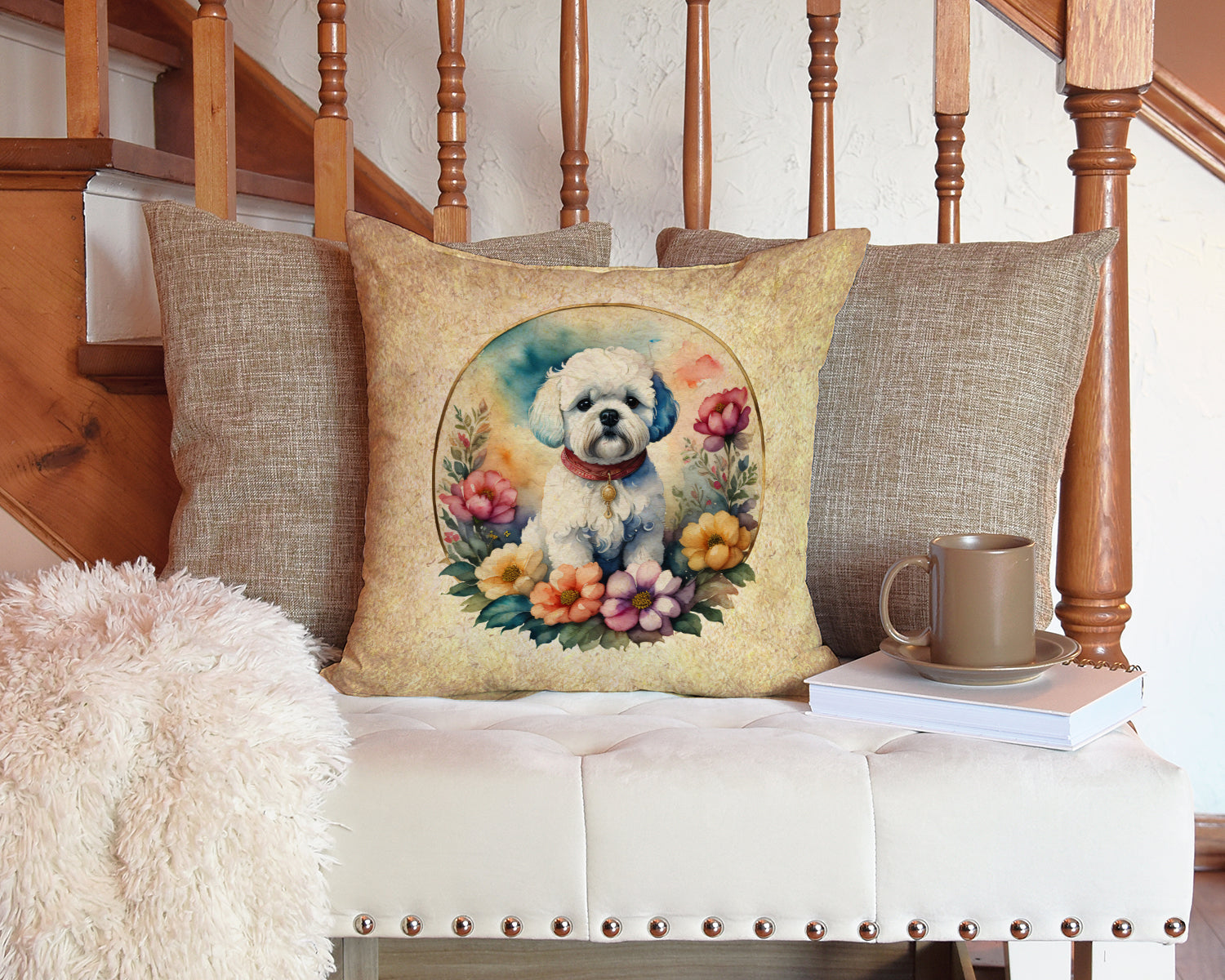 Bichon Frise and Flowers Fabric Decorative Pillow