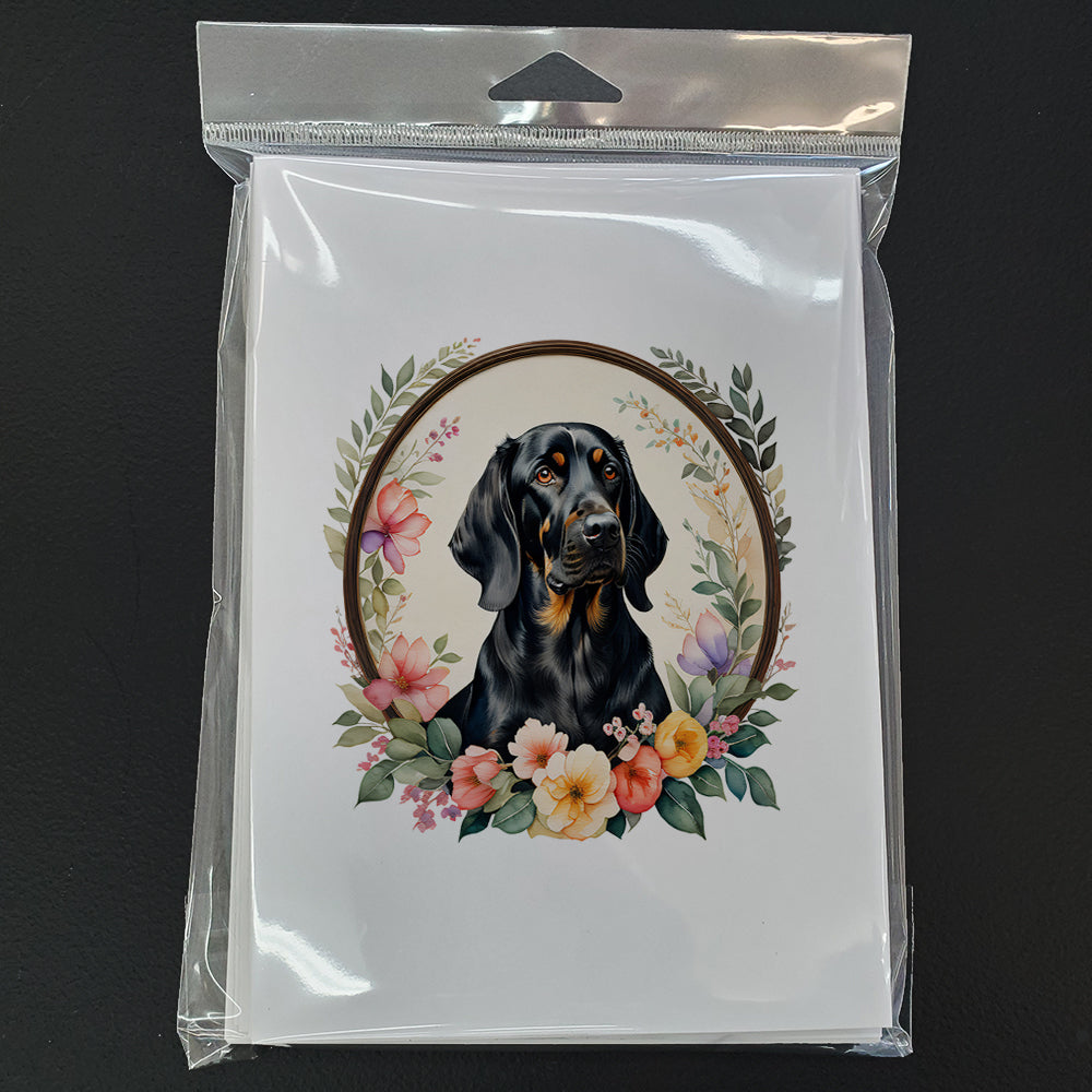 Black and Tan Coonhound and Flowers Greeting Cards and Envelopes Pack of 8