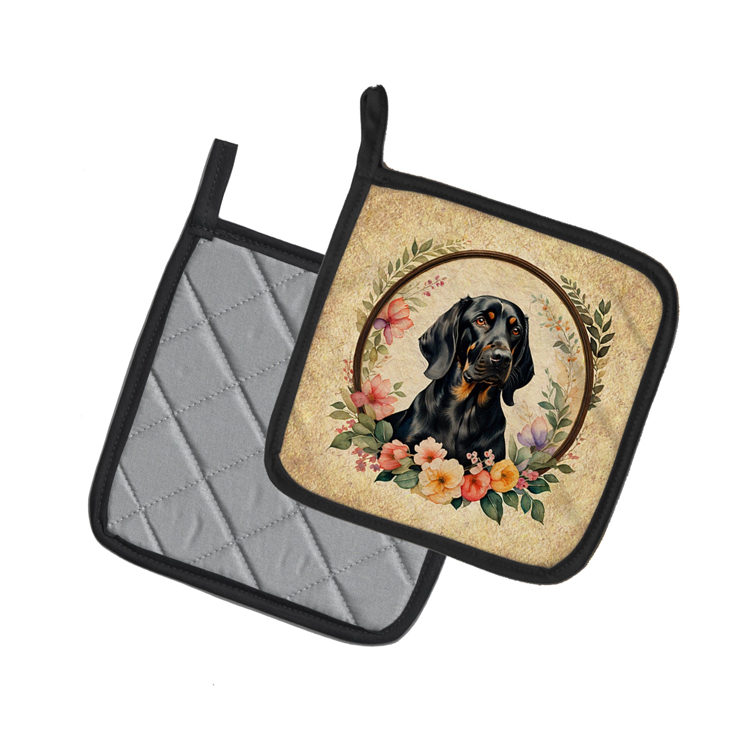 Black and Tan Coonhound and Flowers Pair of Pot Holders