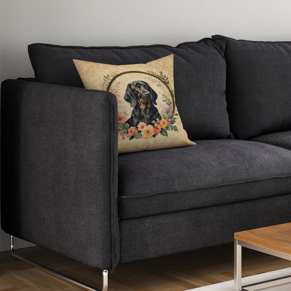 Black and Tan Coonhound and Flowers Fabric Decorative Pillow