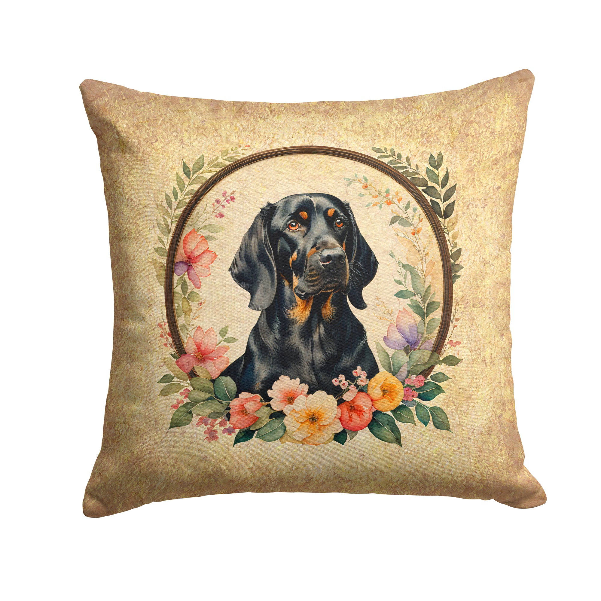 Buy this Black and Tan Coonhound and Flowers Fabric Decorative Pillow