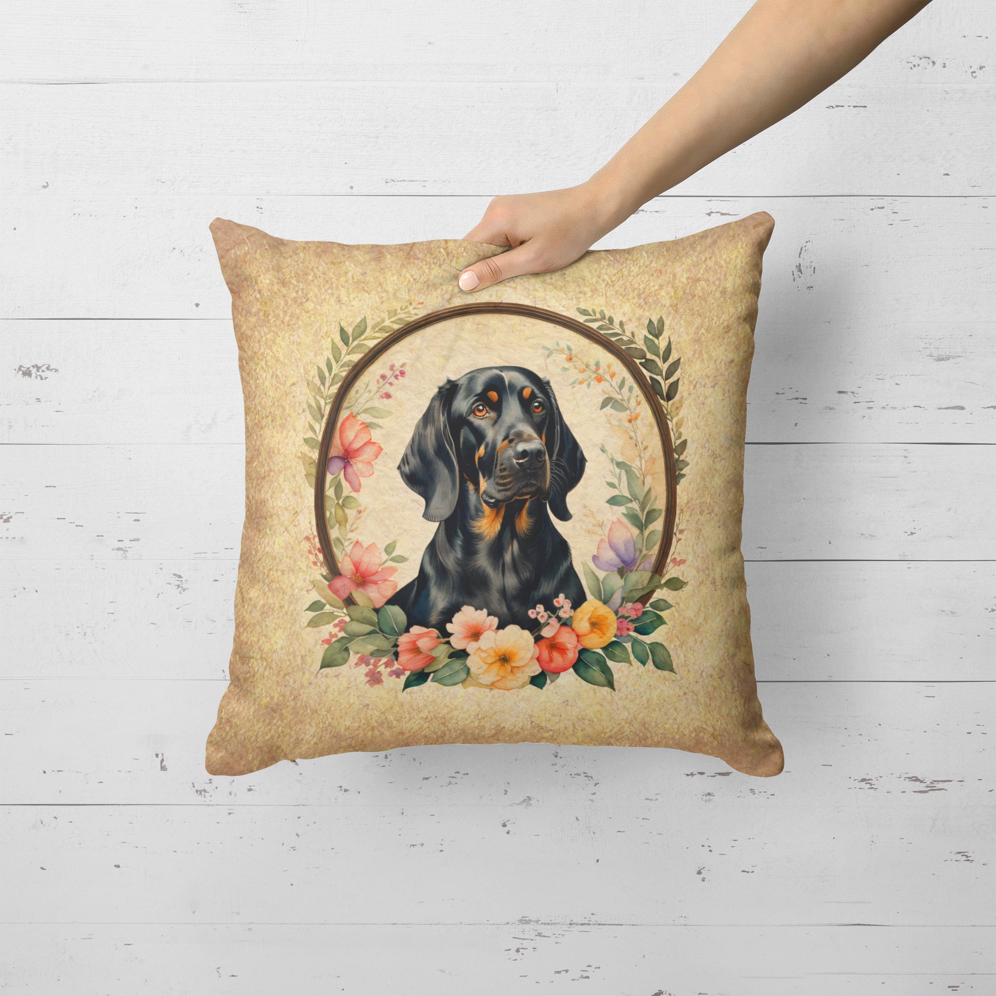 Black and Tan Coonhound and Flowers Fabric Decorative Pillow