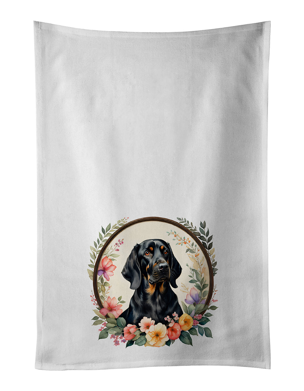 Buy this Black and Tan Coonhound and Flowers Kitchen Towel Set of 2
