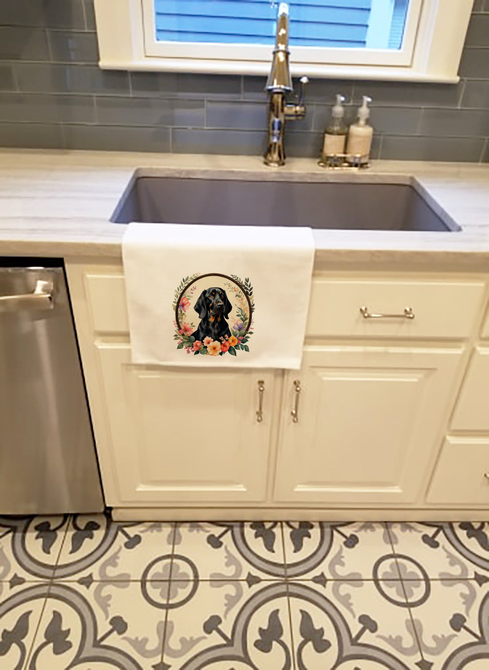 Buy this Black and Tan Coonhound and Flowers Kitchen Towel Set of 2