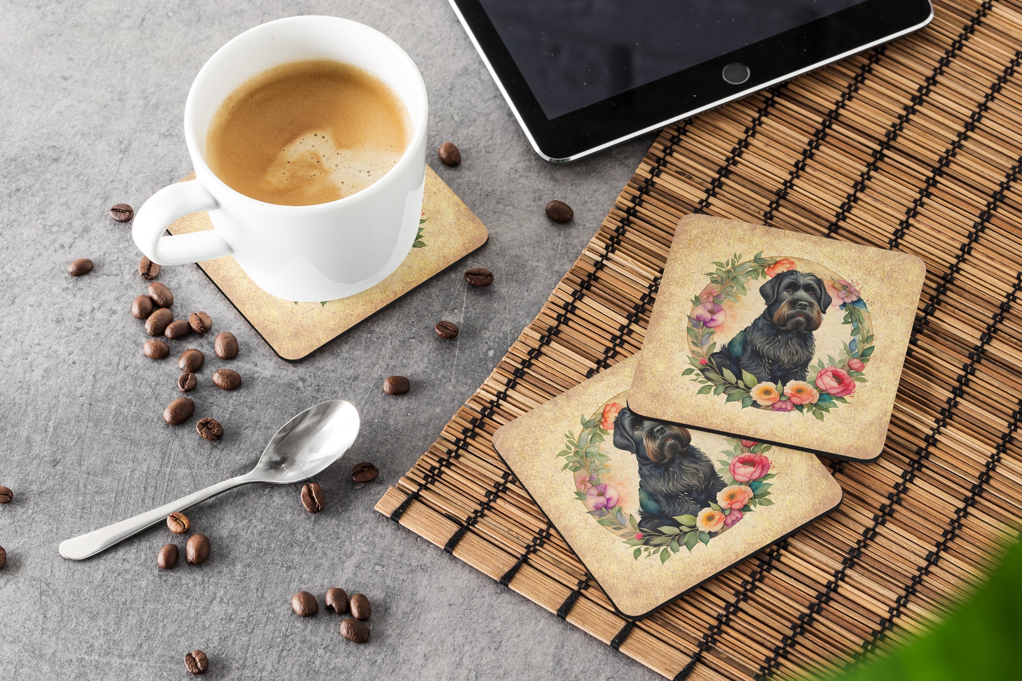 Black Russian Terrier and Flowers Foam Coasters