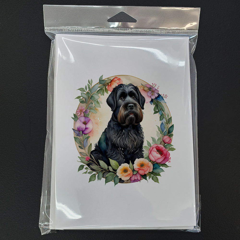 Black Russian Terrier and Flowers Greeting Cards and Envelopes Pack of 8
