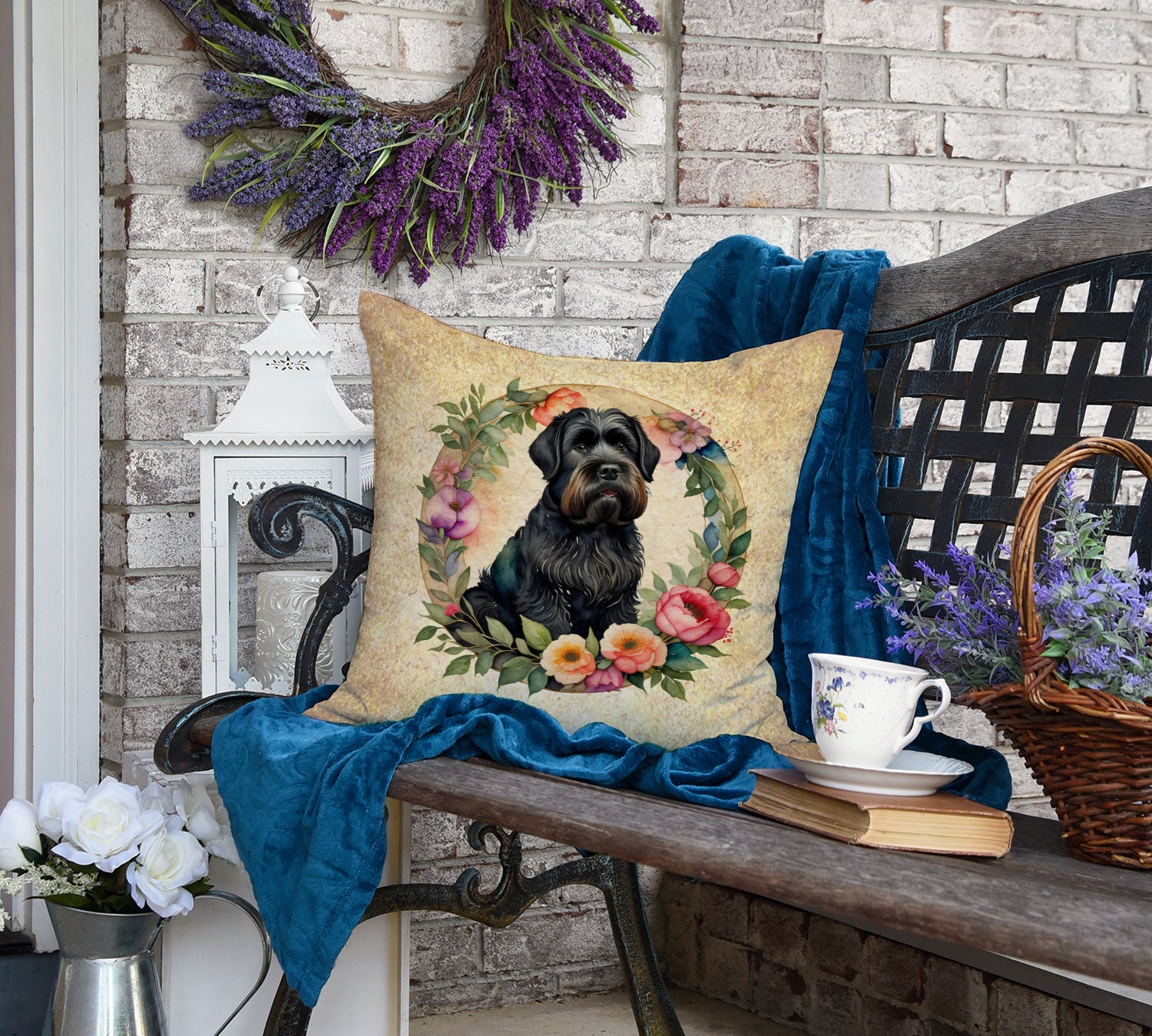 Black Russian Terrier and Flowers Fabric Decorative Pillow