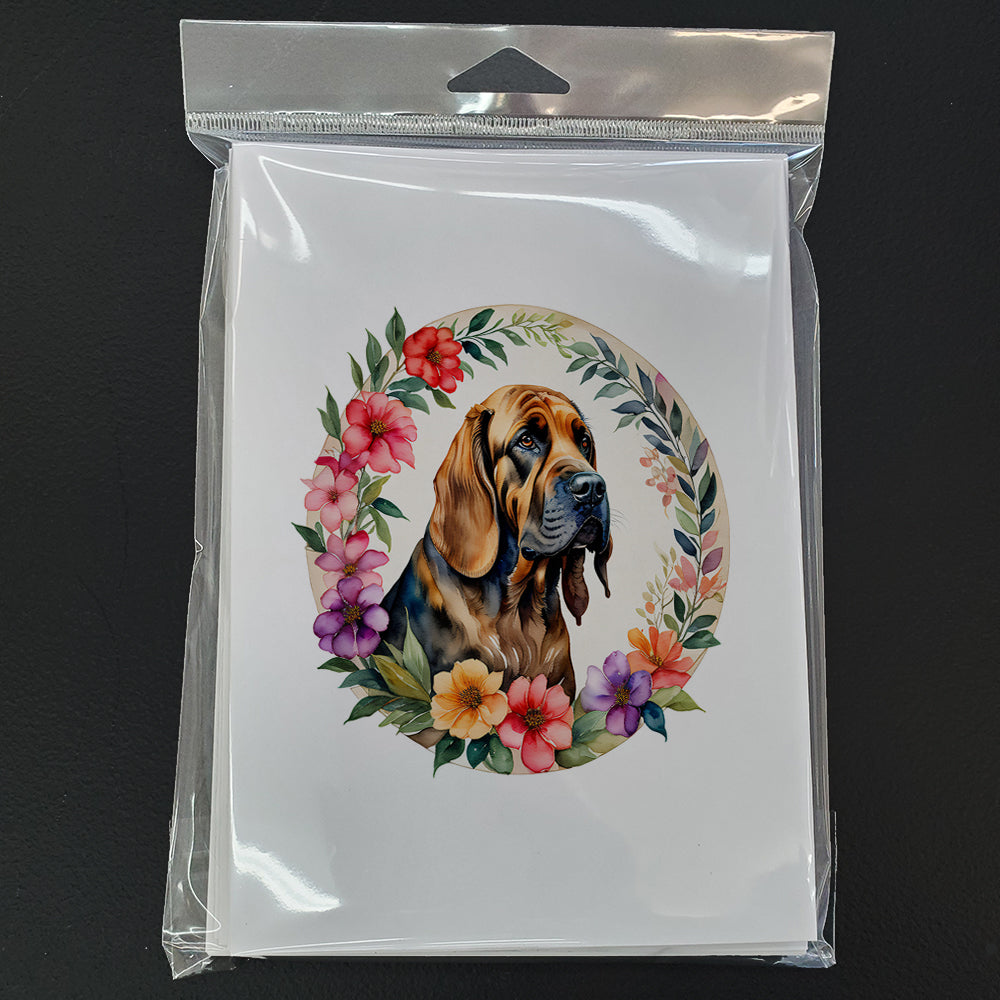 Bloodhound and Flowers Greeting Cards and Envelopes Pack of 8
