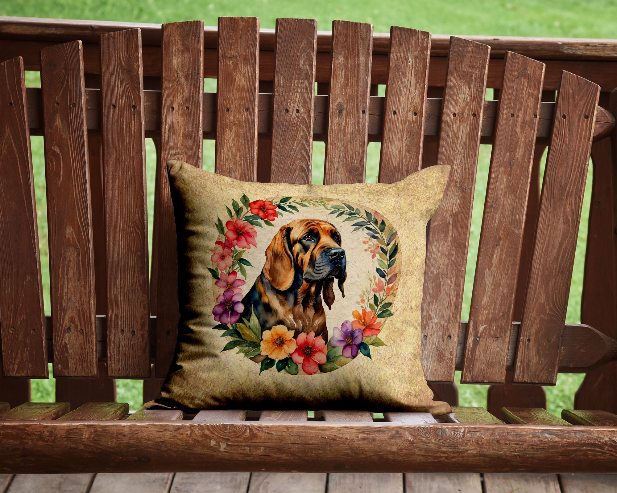 Bloodhound and Flowers Fabric Decorative Pillow