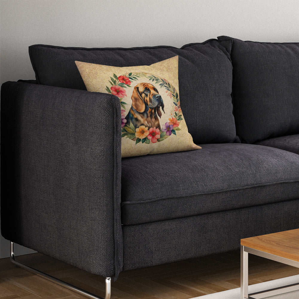 Bloodhound and Flowers Fabric Decorative Pillow