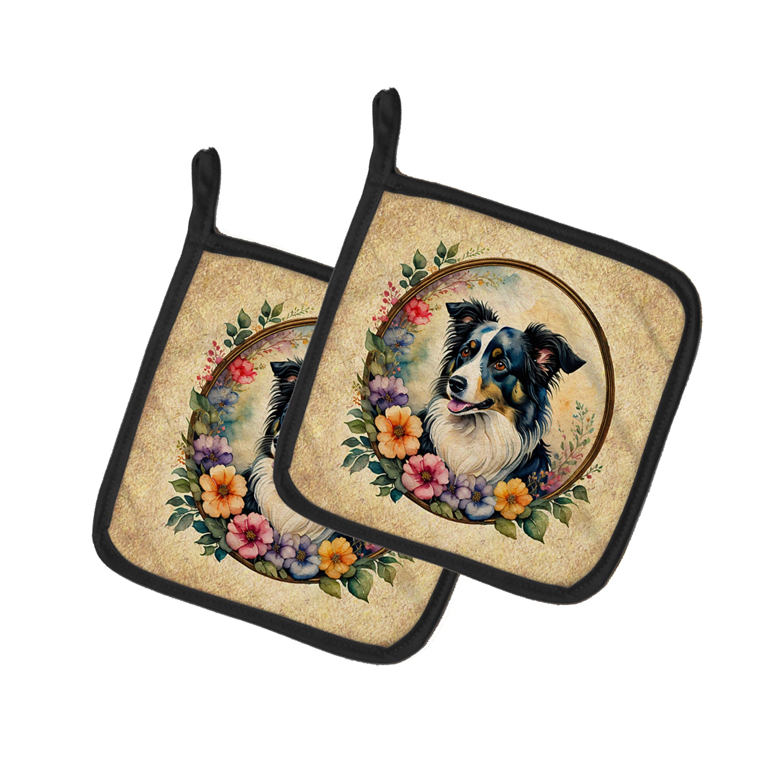 Buy this Border Collie and Flowers Pair of Pot Holders