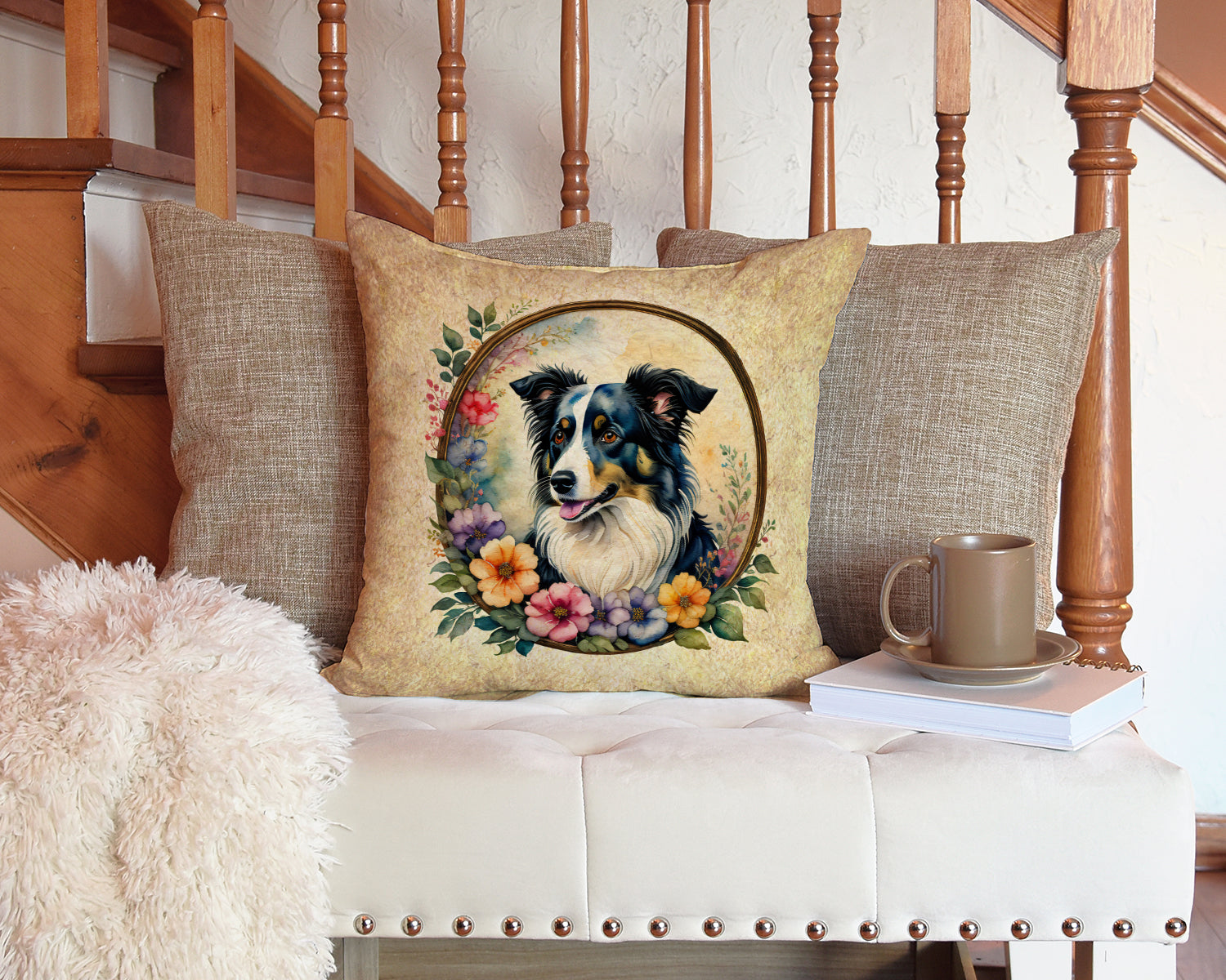 Border Collie and Flowers Fabric Decorative Pillow