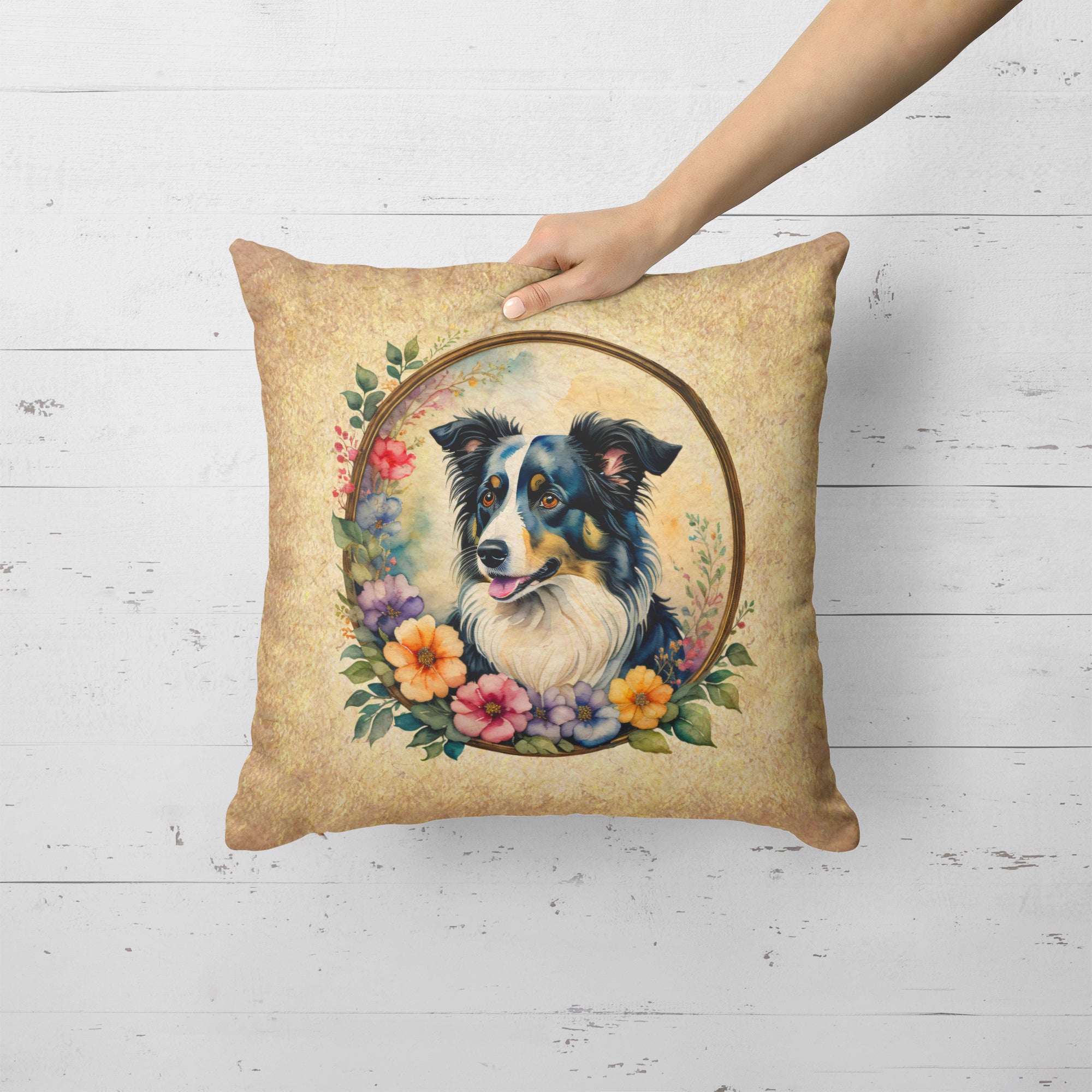 Border Collie and Flowers Fabric Decorative Pillow