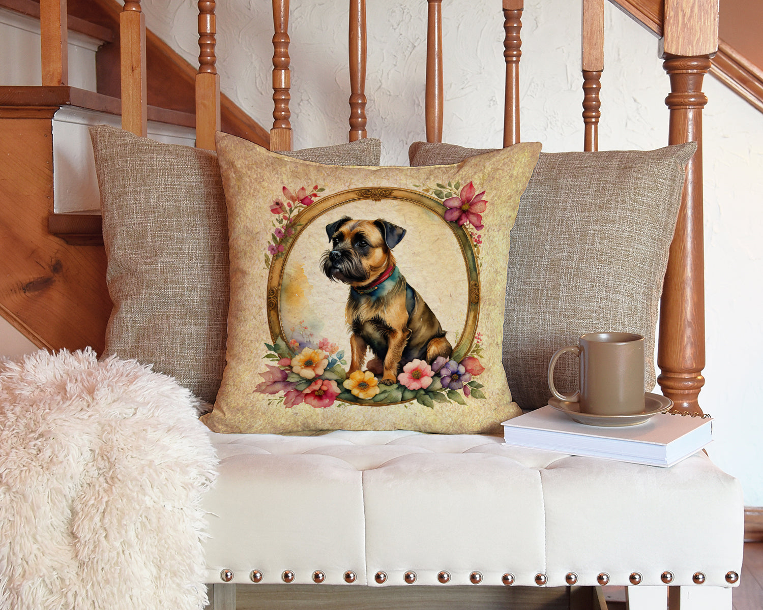 Border Terrier and Flowers Fabric Decorative Pillow