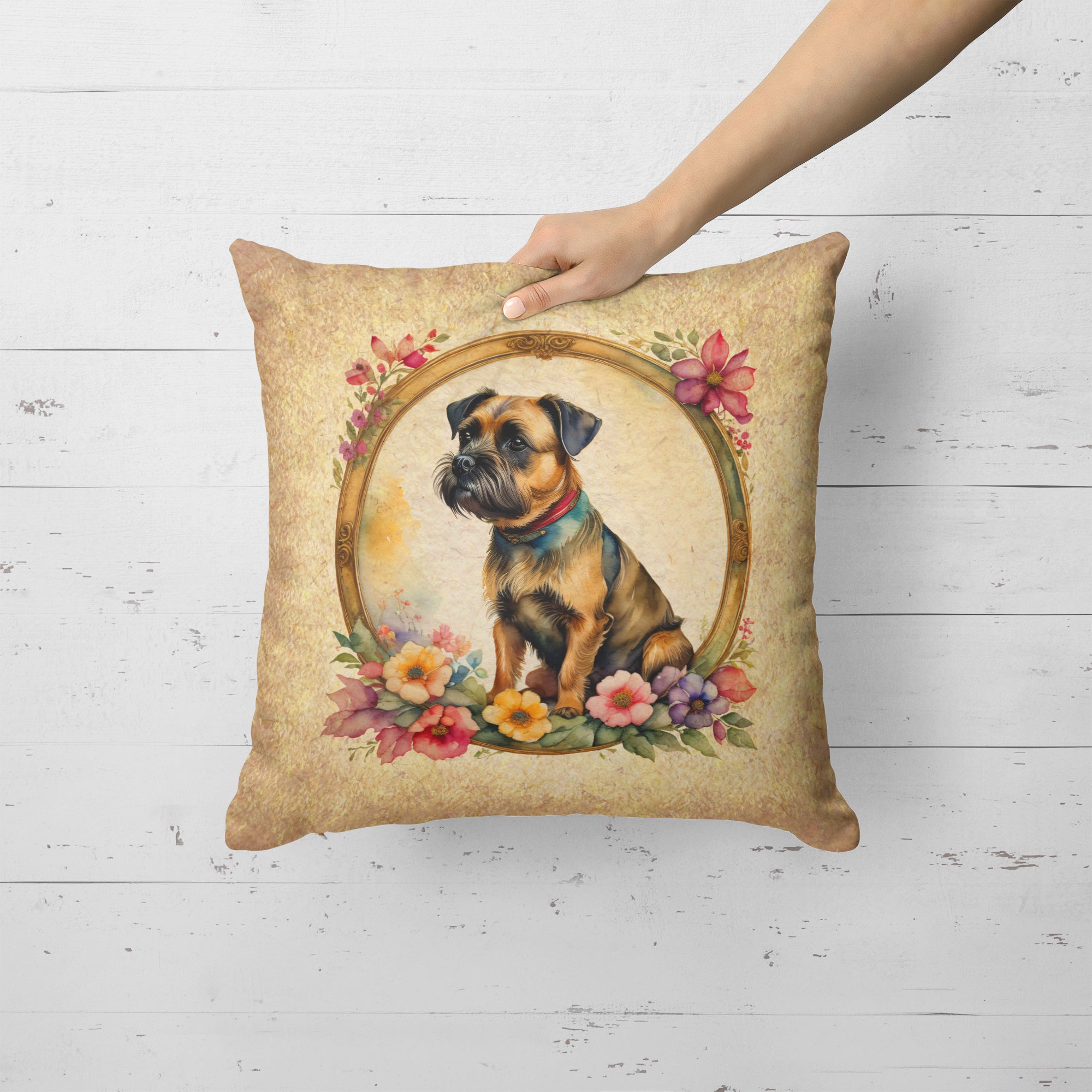 Buy this Border Terrier and Flowers Fabric Decorative Pillow