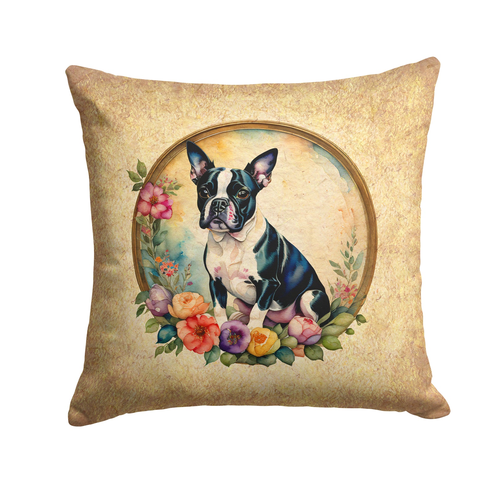 Buy this Boston Terrier and Flowers Fabric Decorative Pillow