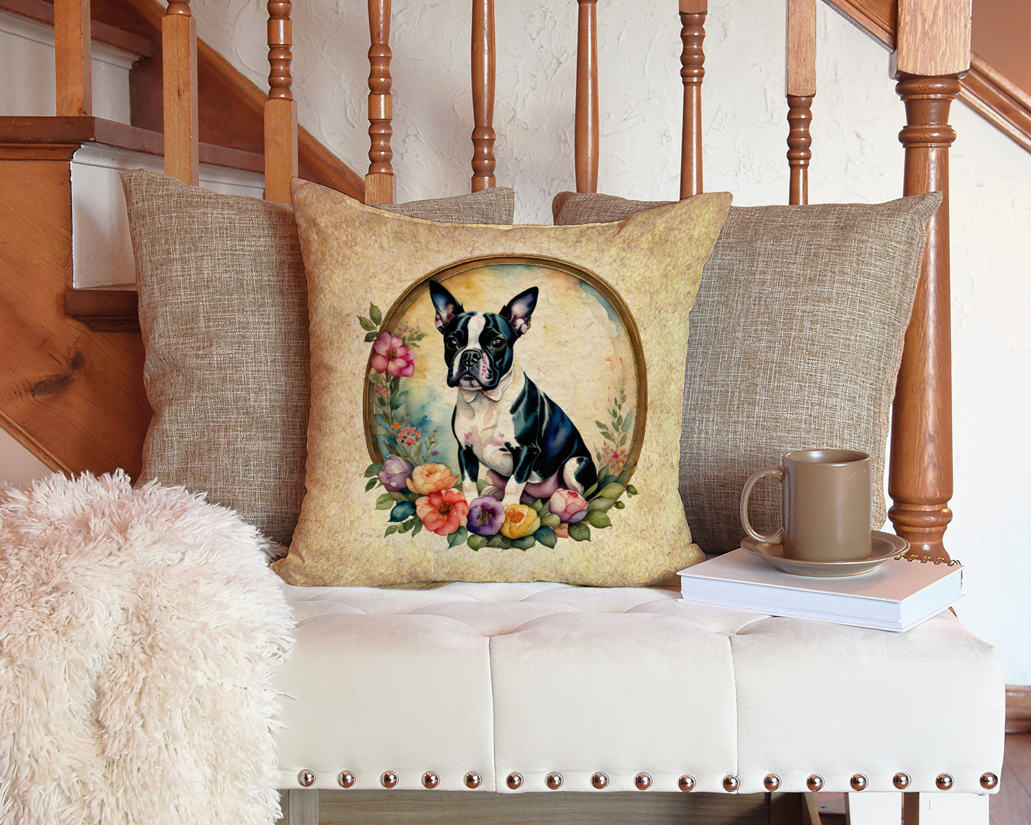 Boston Terrier and Flowers Fabric Decorative Pillow