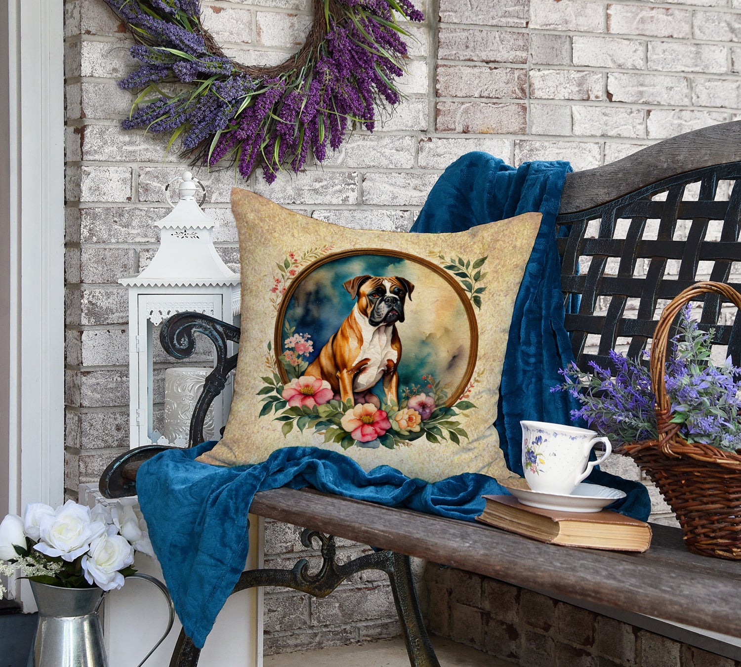 Boxer and Flowers Fabric Decorative Pillow