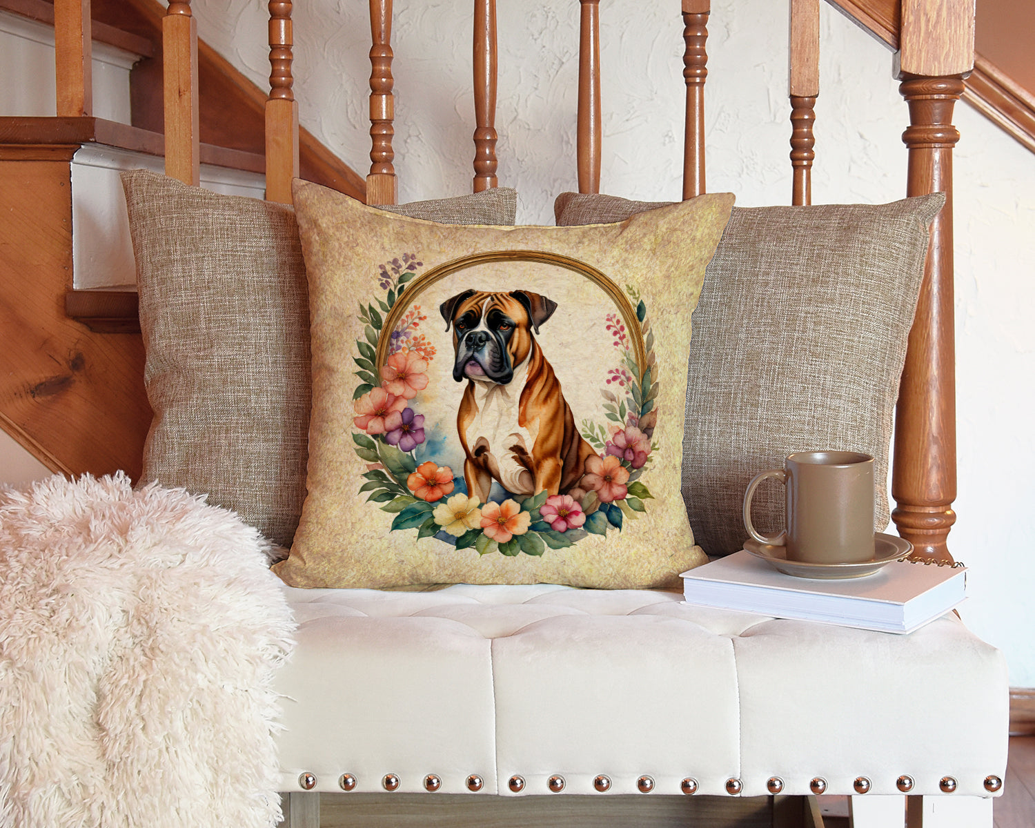 Boxer and Flowers Fabric Decorative Pillow