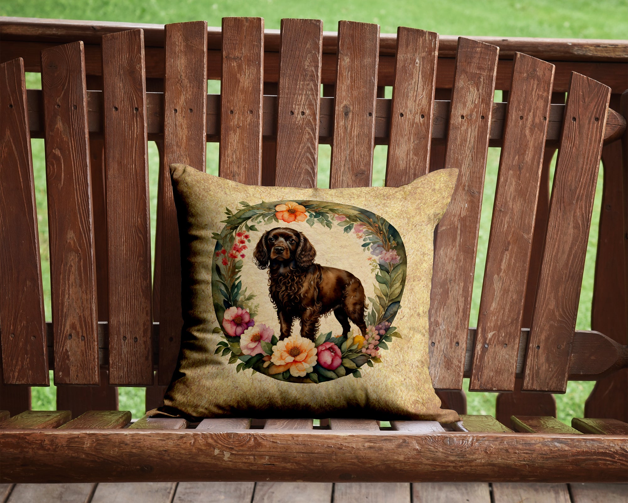 Buy this Boykin Spaniel and Flowers Fabric Decorative Pillow