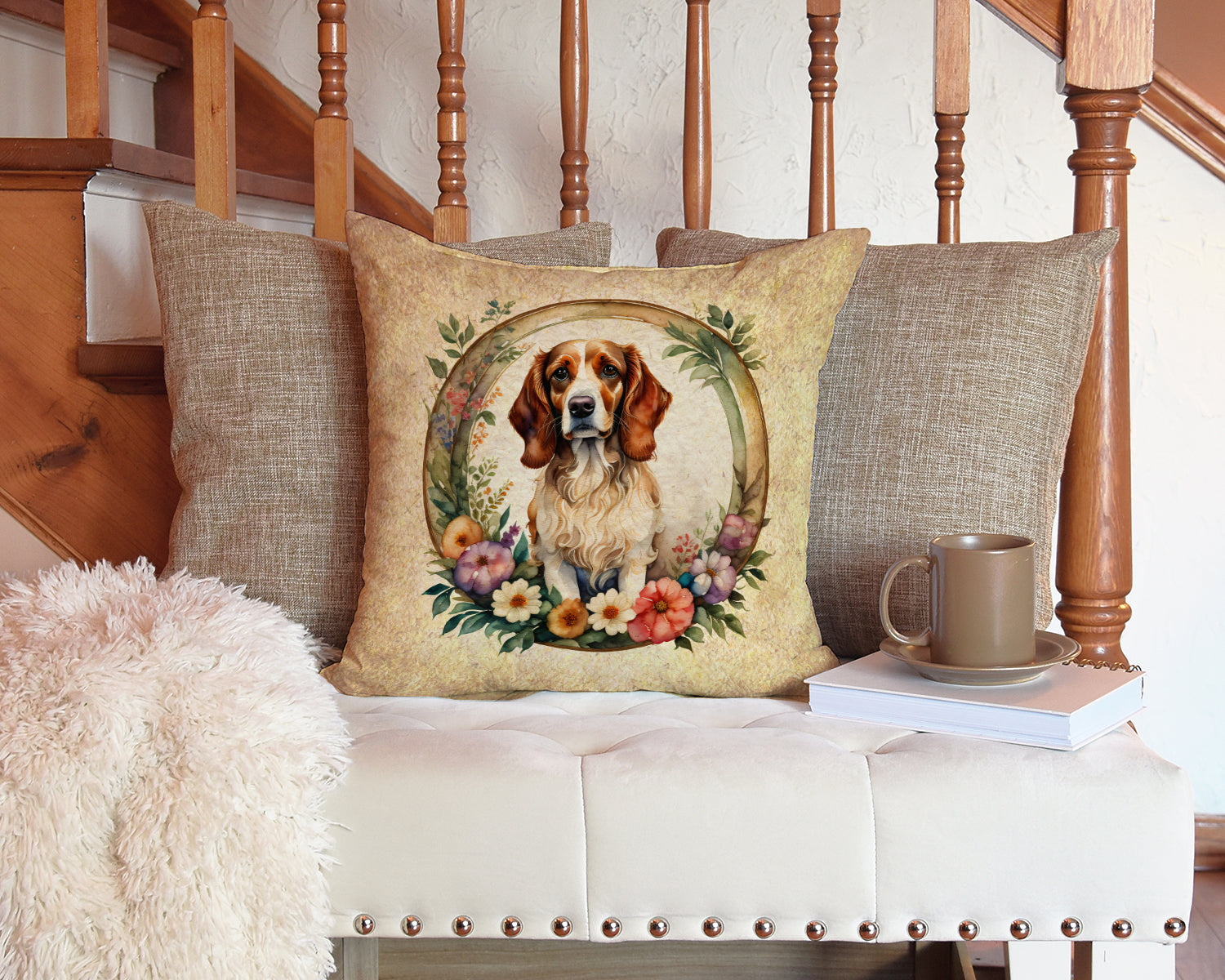 Brittany Spaniel and Flowers Fabric Decorative Pillow