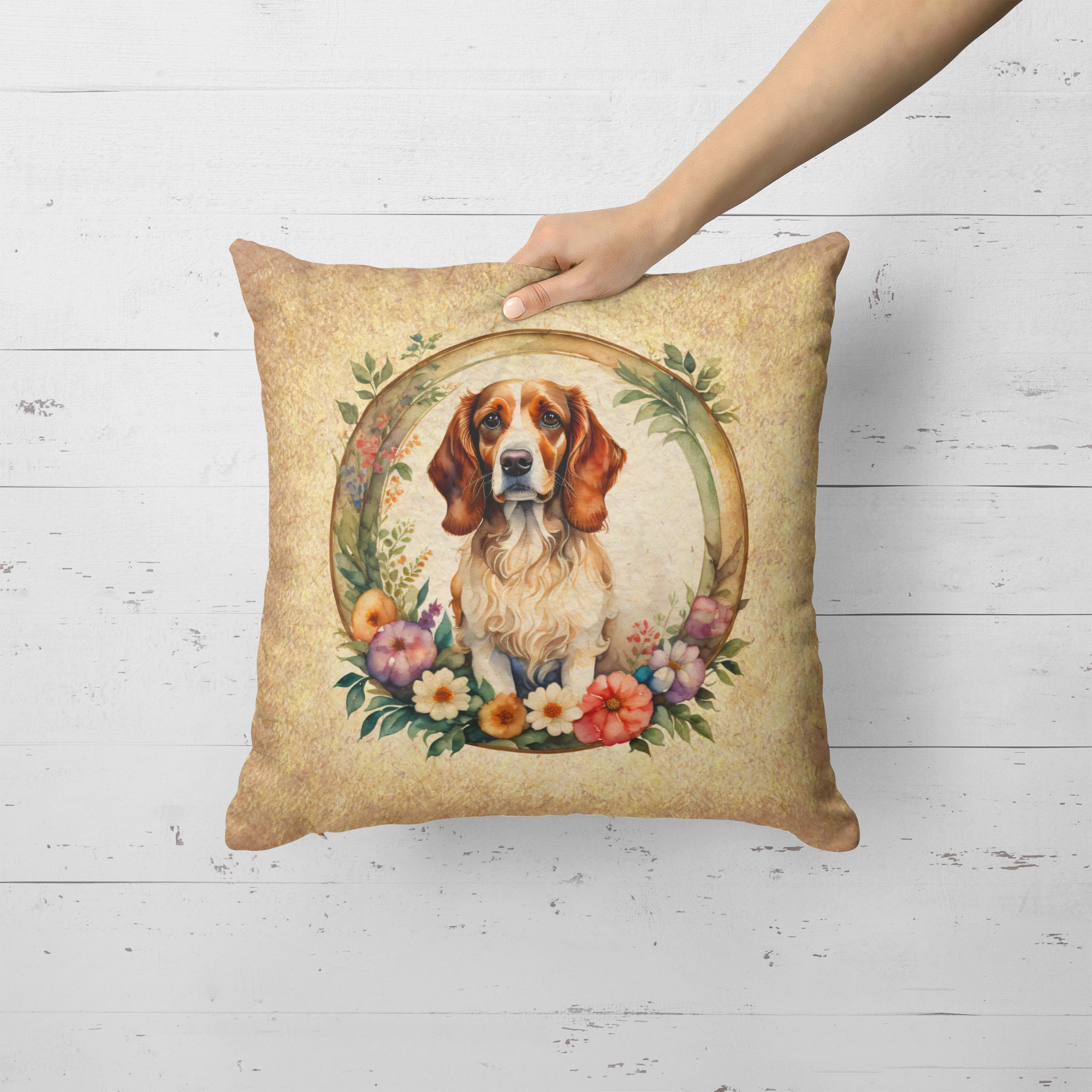Brittany Spaniel and Flowers Fabric Decorative Pillow