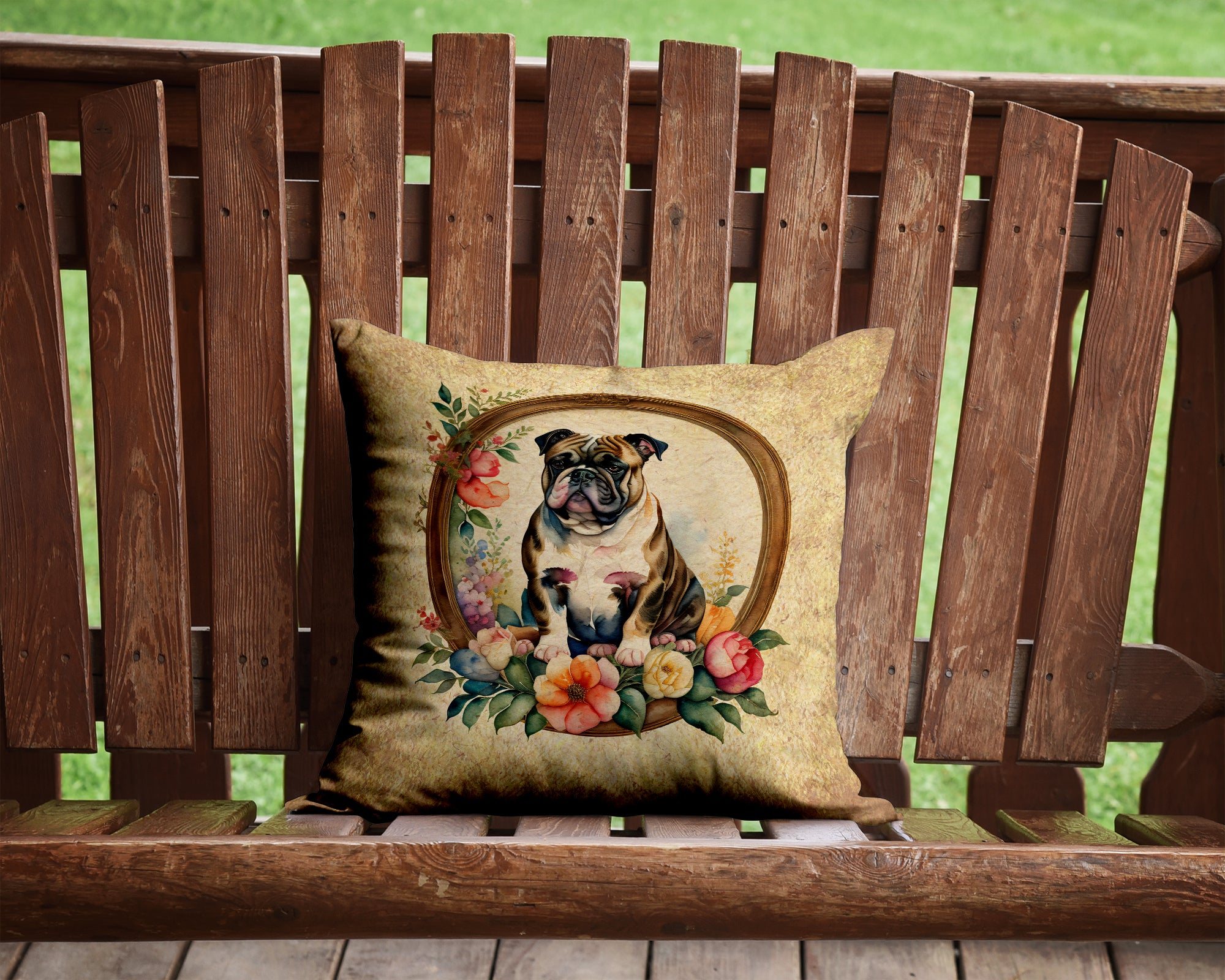 Buy this English Bulldog and Flowers Fabric Decorative Pillow