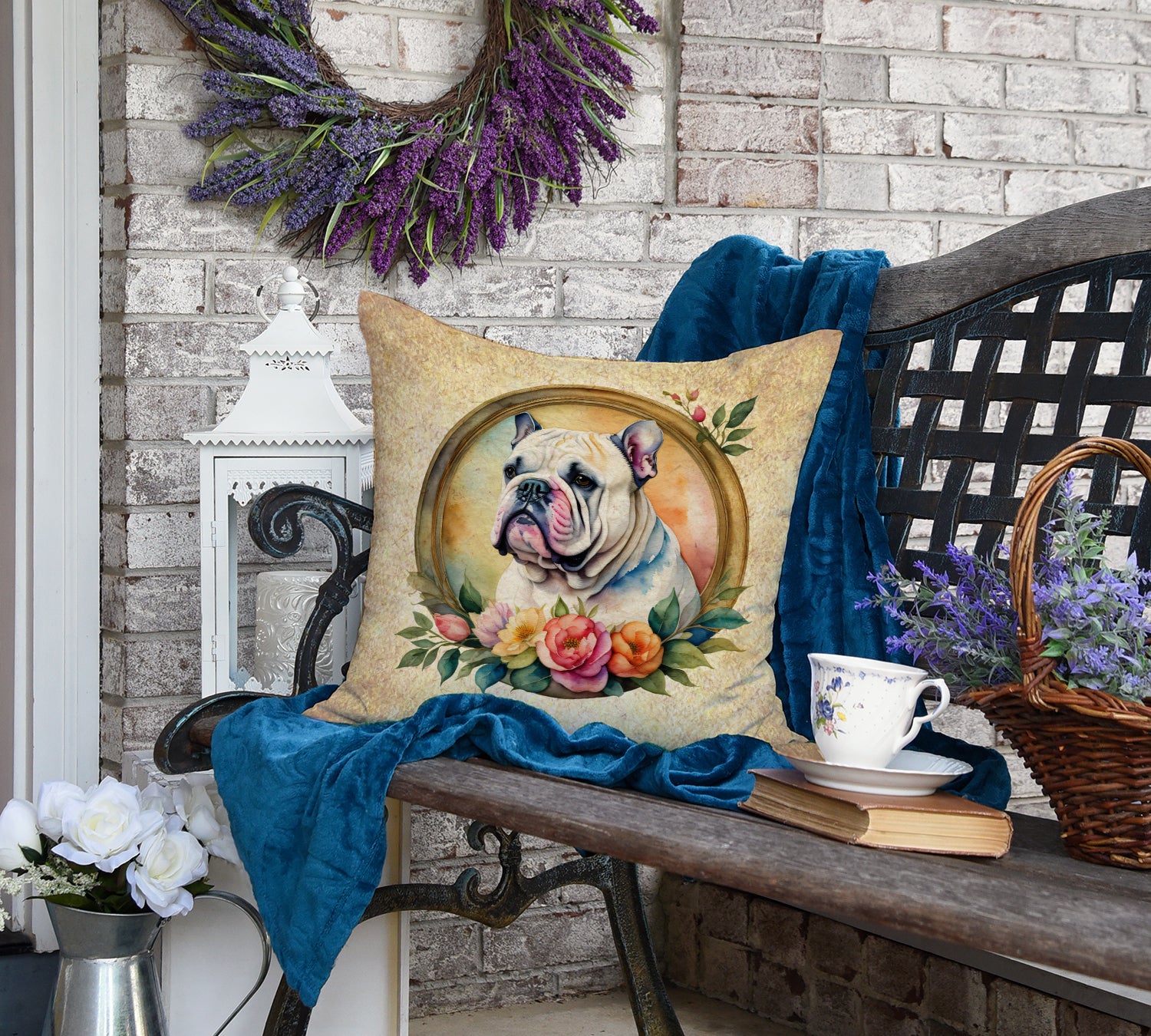 English Bulldog and Flowers Fabric Decorative Pillow