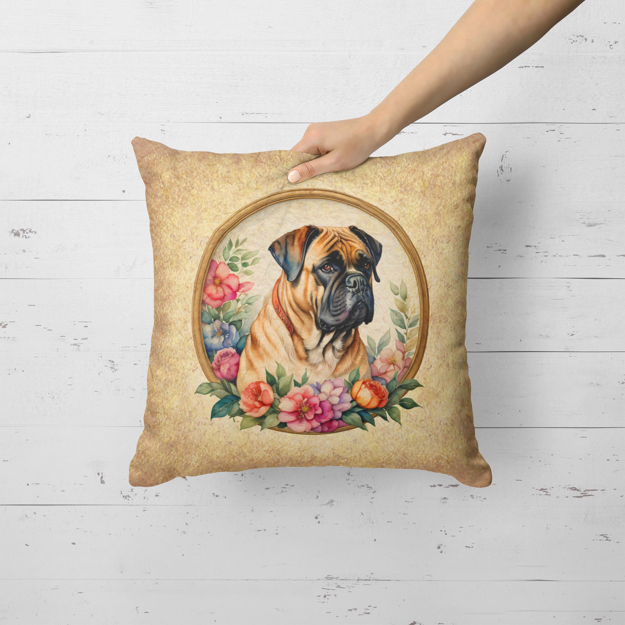 Bullmastiff and Flowers Fabric Decorative Pillow