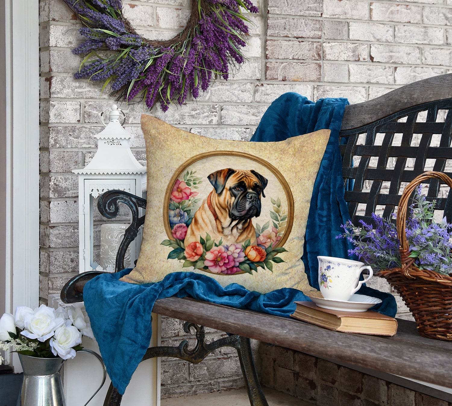 Bullmastiff and Flowers Fabric Decorative Pillow