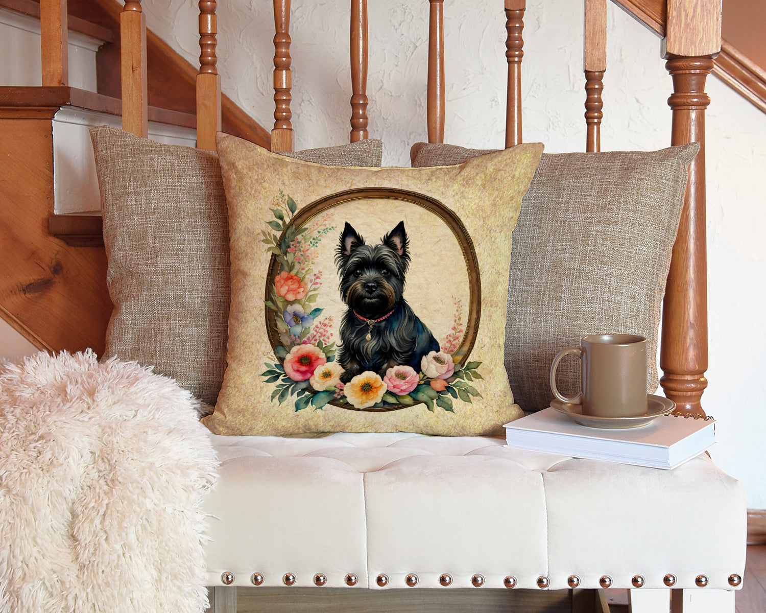 Cairn Terrier and Flowers Fabric Decorative Pillow