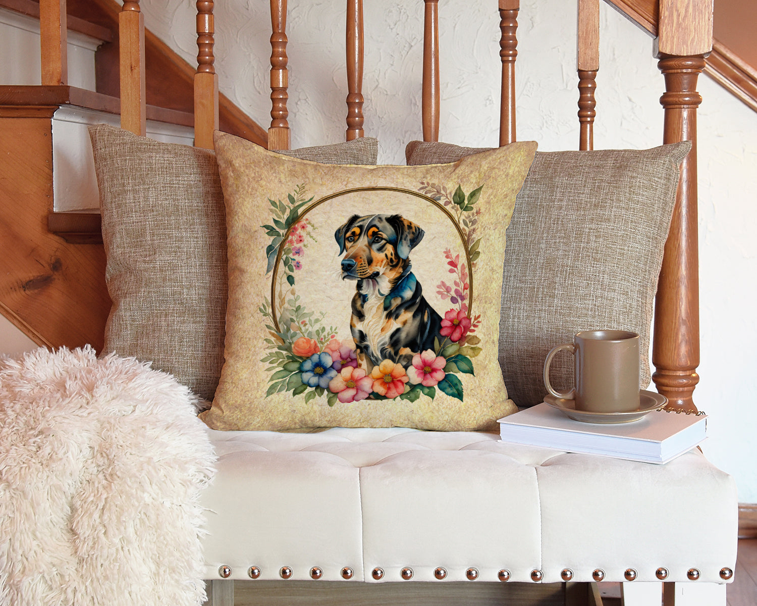 Catahoula Leopard Dog and Flowers Fabric Decorative Pillow