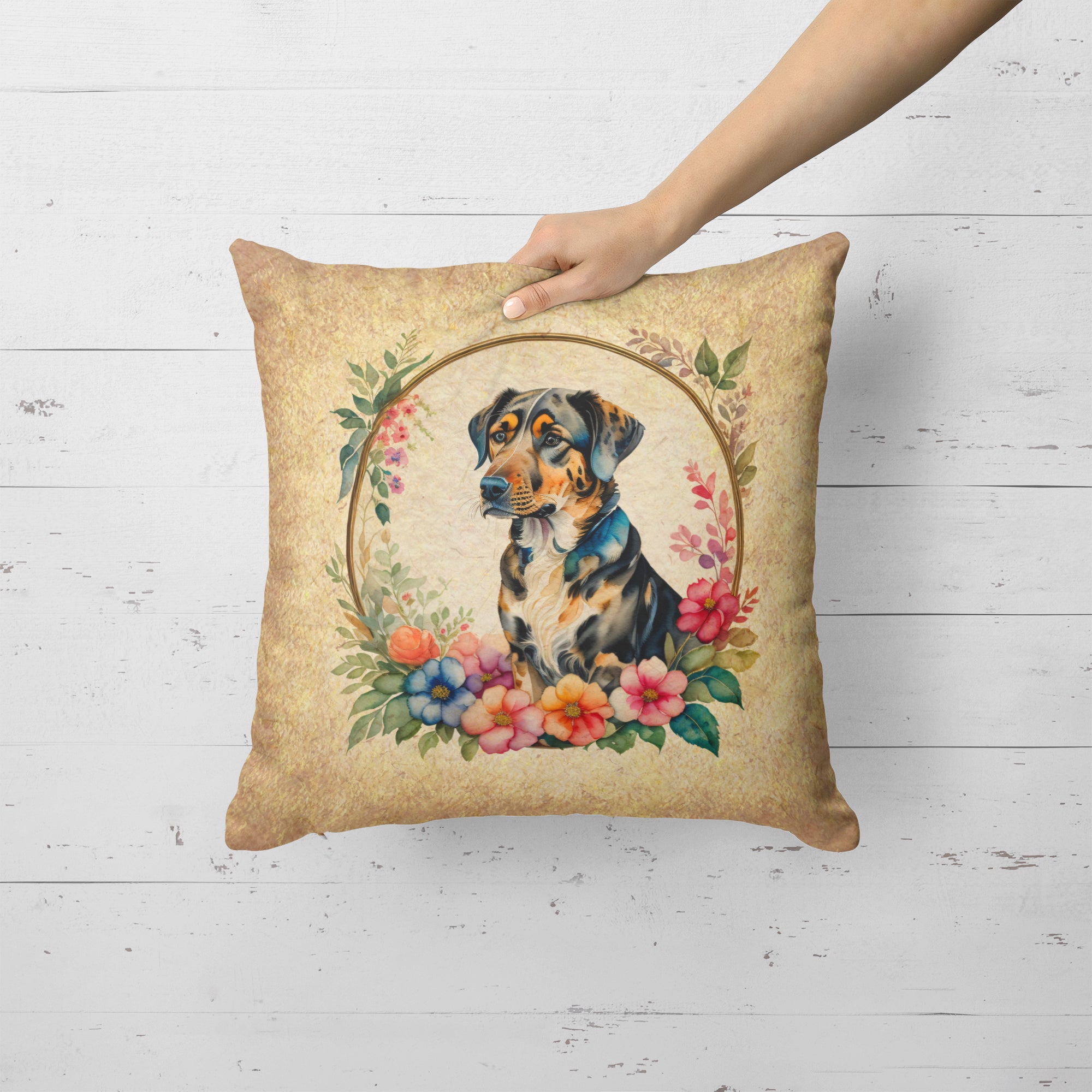 Catahoula Leopard Dog and Flowers Fabric Decorative Pillow