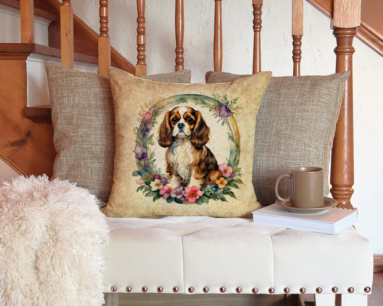 Cavalier Spaniel and Flowers Fabric Decorative Pillow