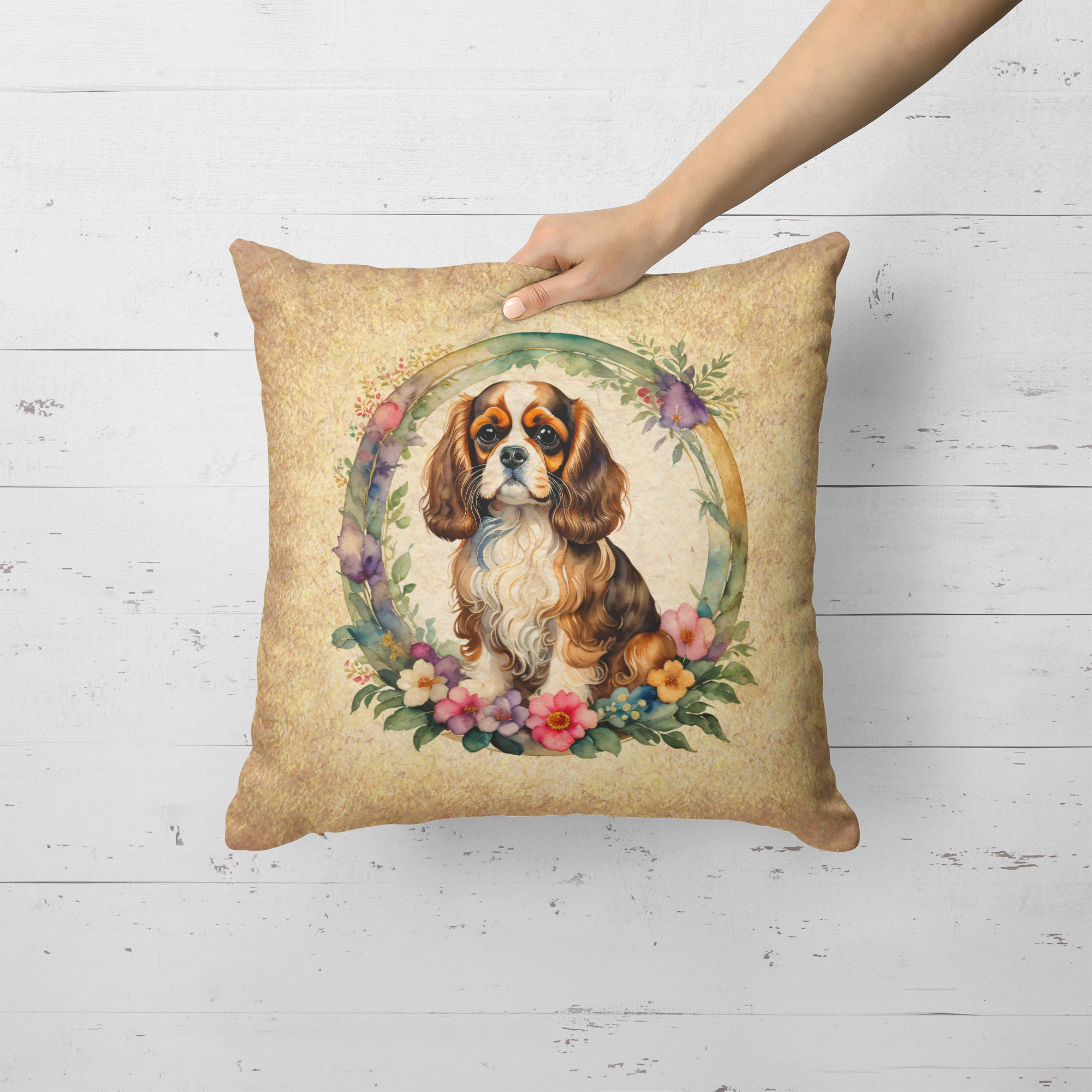 Buy this Cavalier Spaniel and Flowers Fabric Decorative Pillow