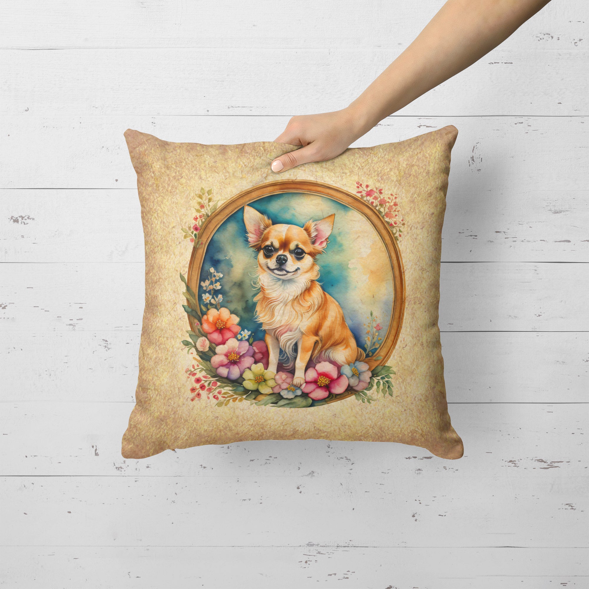 Buy this Chihuahua and Flowers Fabric Decorative Pillow