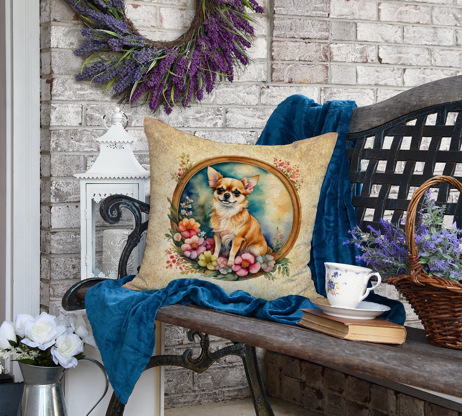 Chihuahua and Flowers Fabric Decorative Pillow