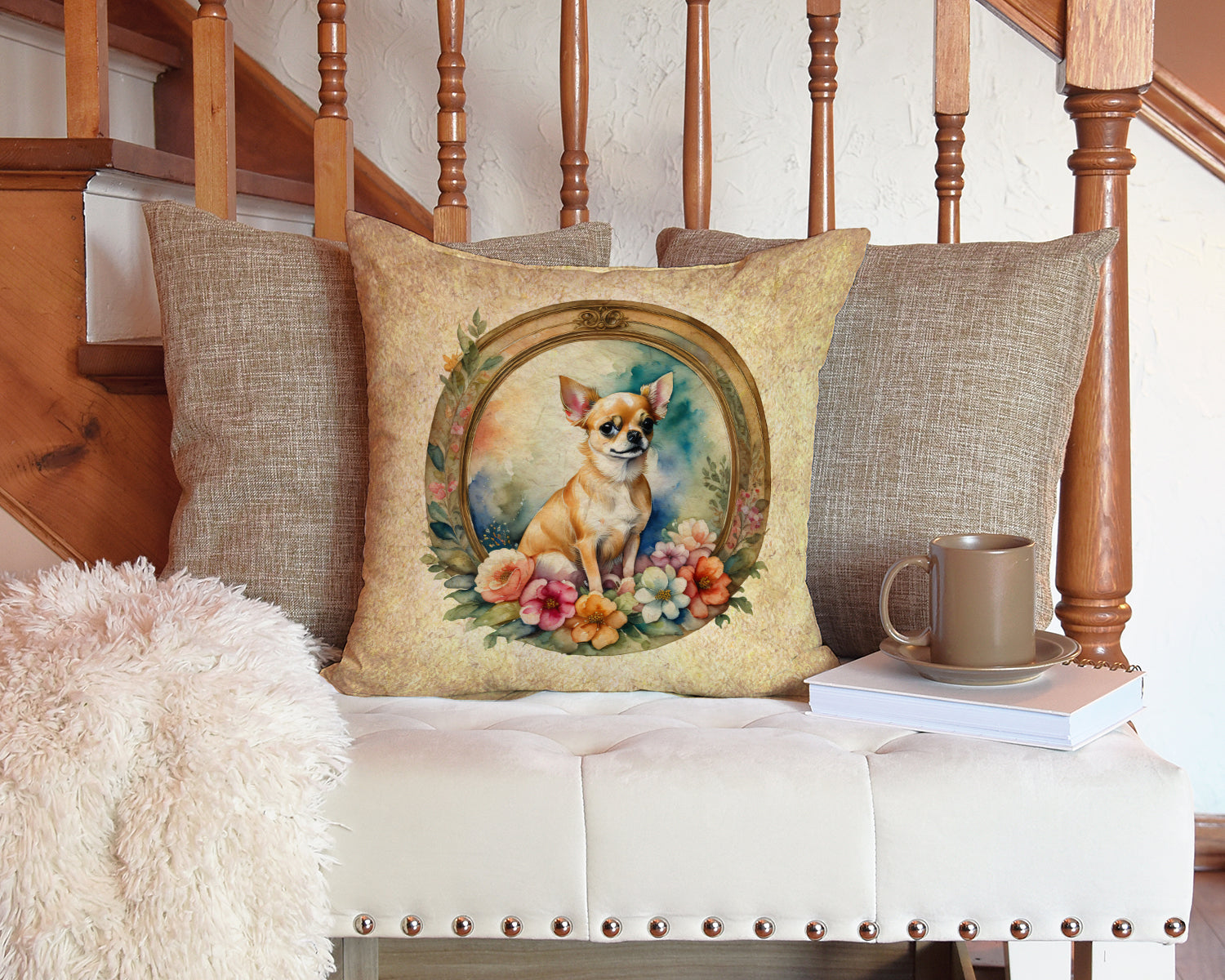 Chihuahua and Flowers Fabric Decorative Pillow